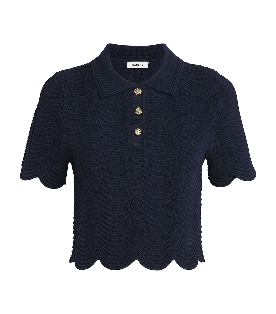 Sandro Paris Womens Knitted Polo Crop Top Navy Blue