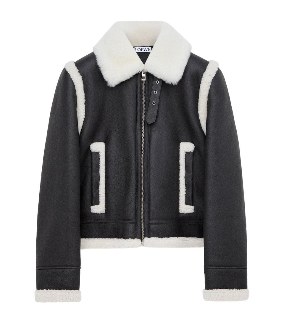 LOEWE Womens Shearling-Collar Lambskin Aviator Jacket Black