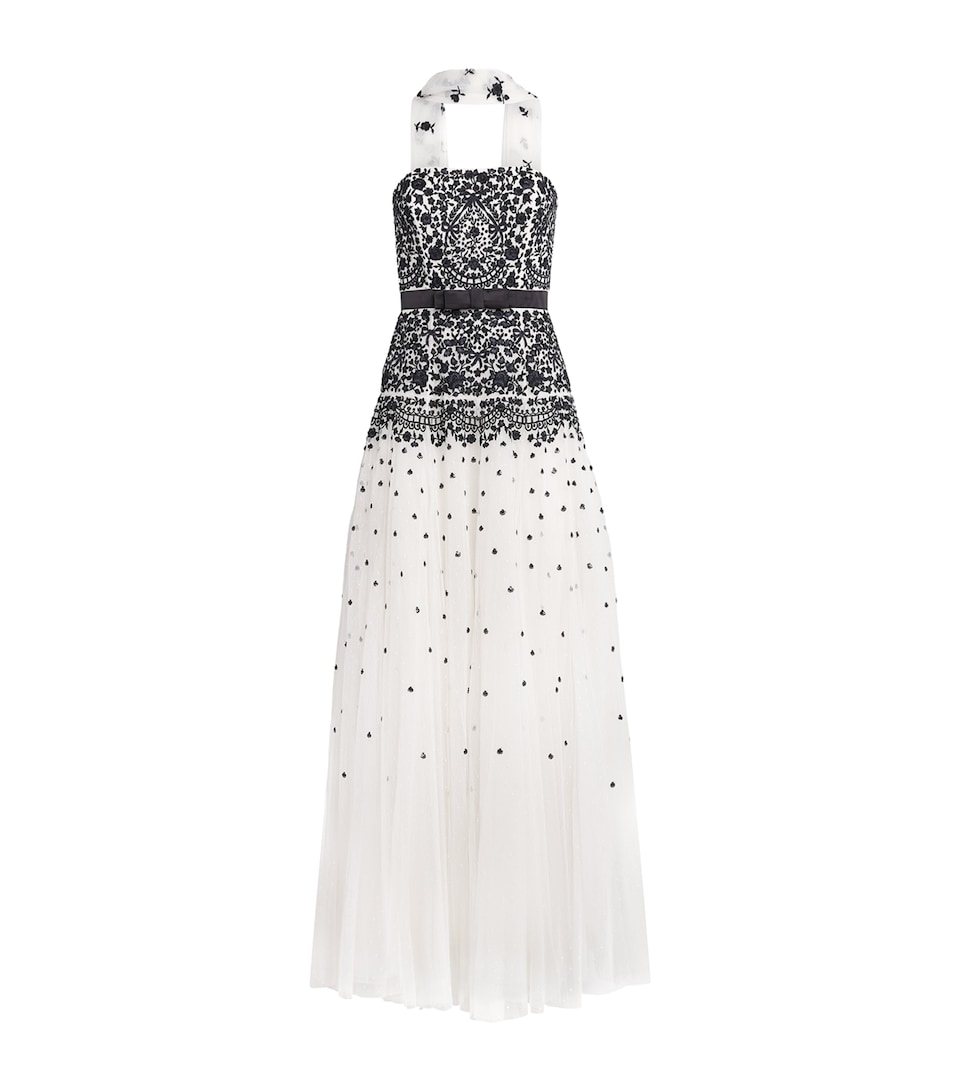 Needle & Thread Womens Gilded Lace Maxi Dress with Scarf Chalk/graphite