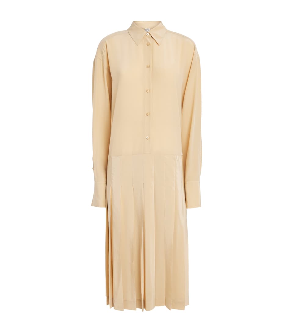 Toteme Womens Silk Pleated Midi Shirt Dress Chai