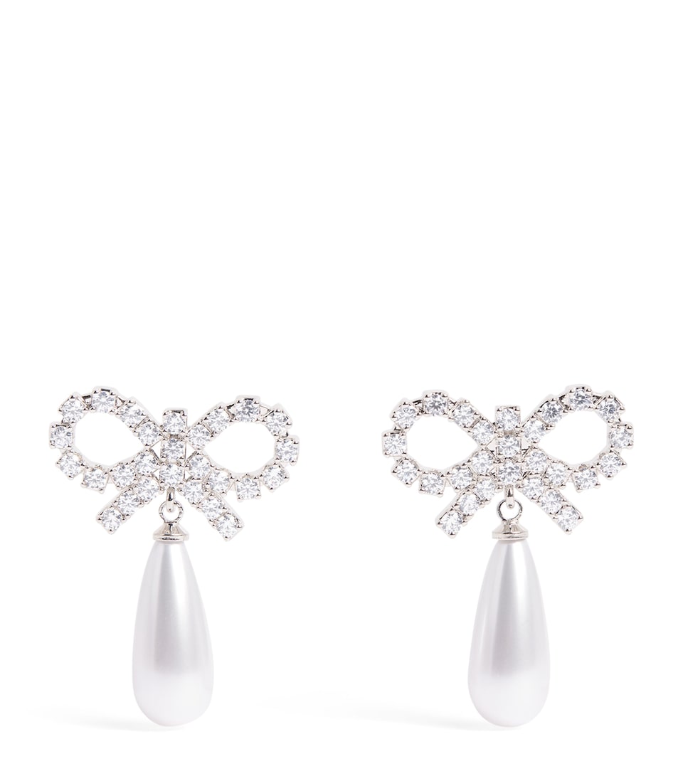 Crystal and Faux Pearl Bow Drop Earrings