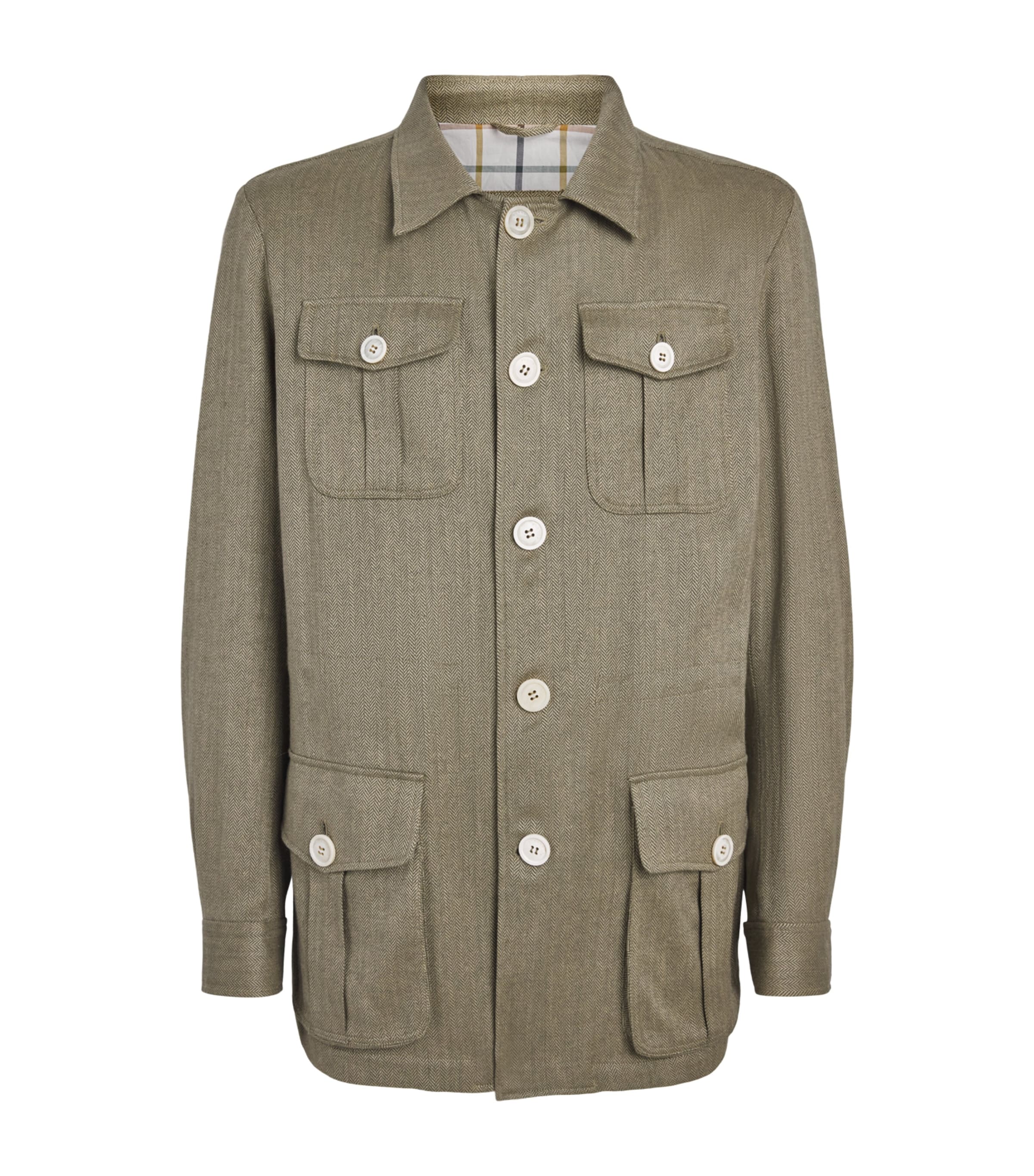 Purdey Mens Cotton-Blend Herringbone Overshirt Sage