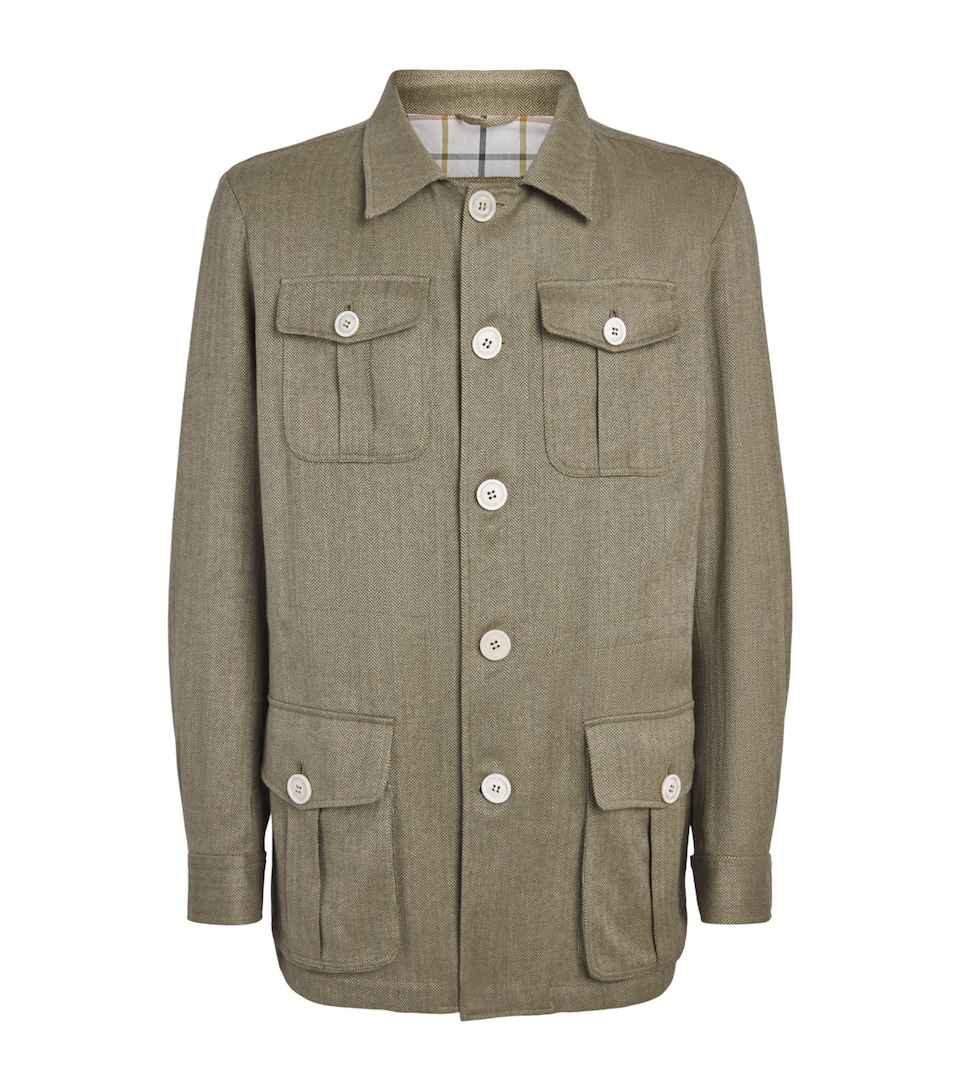 Purdey Mens Cotton-Blend Herringbone Overshirt Sage