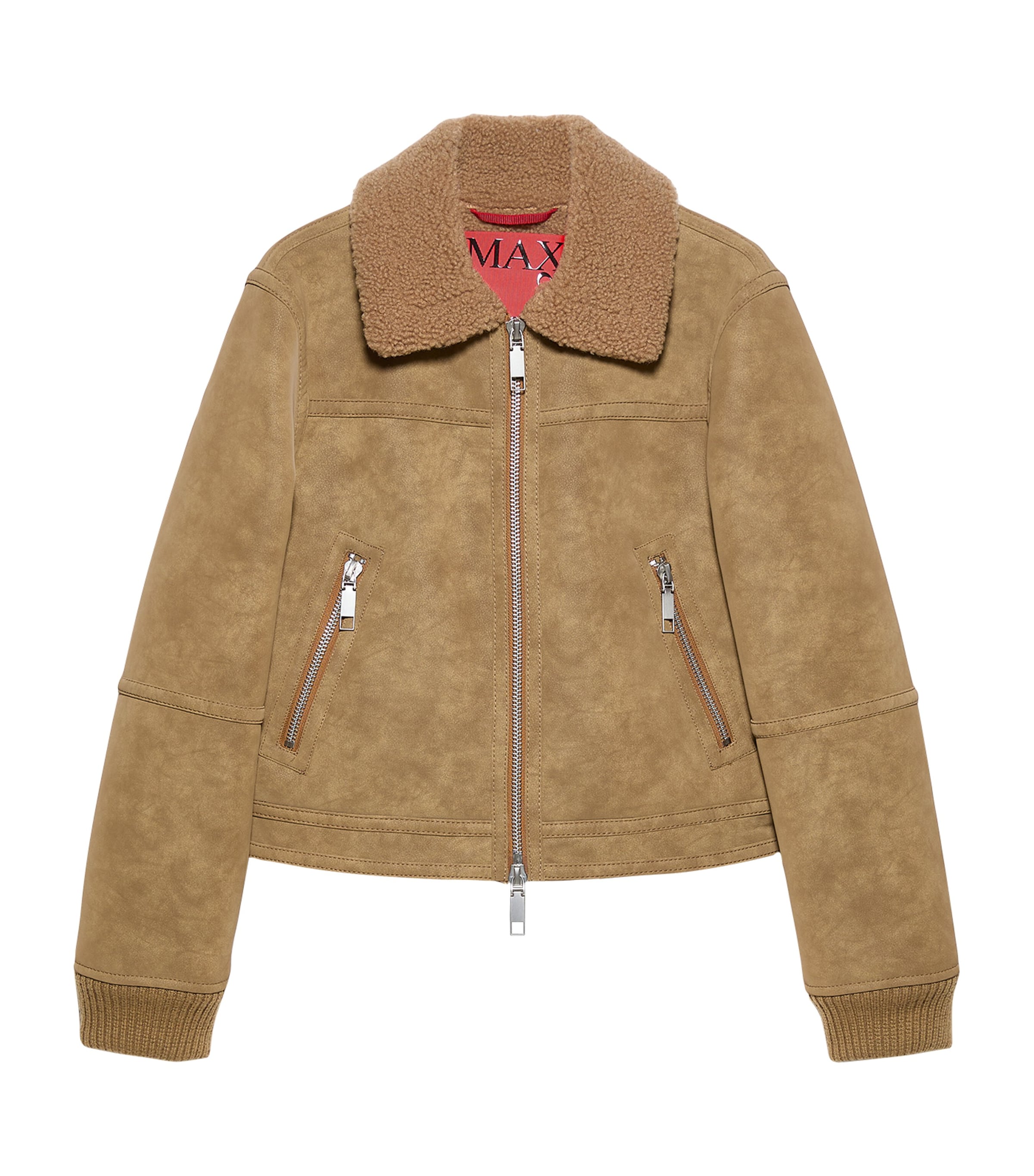 MAX&Co. Womens Faux Shearling Collar Aviator Coat Biscuit