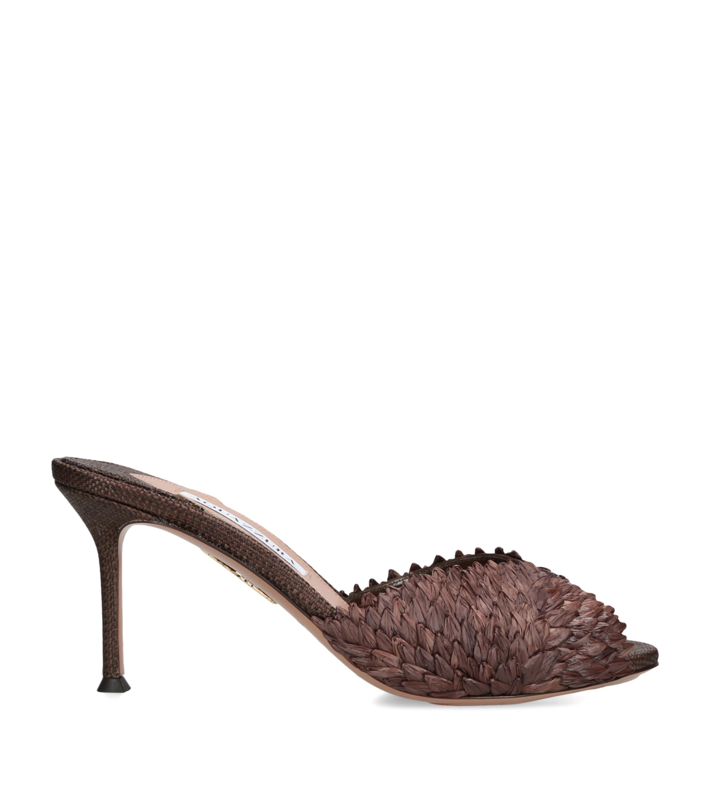 Aquazzura Raffia Rio Flirt Heeled Mules 75 Brown