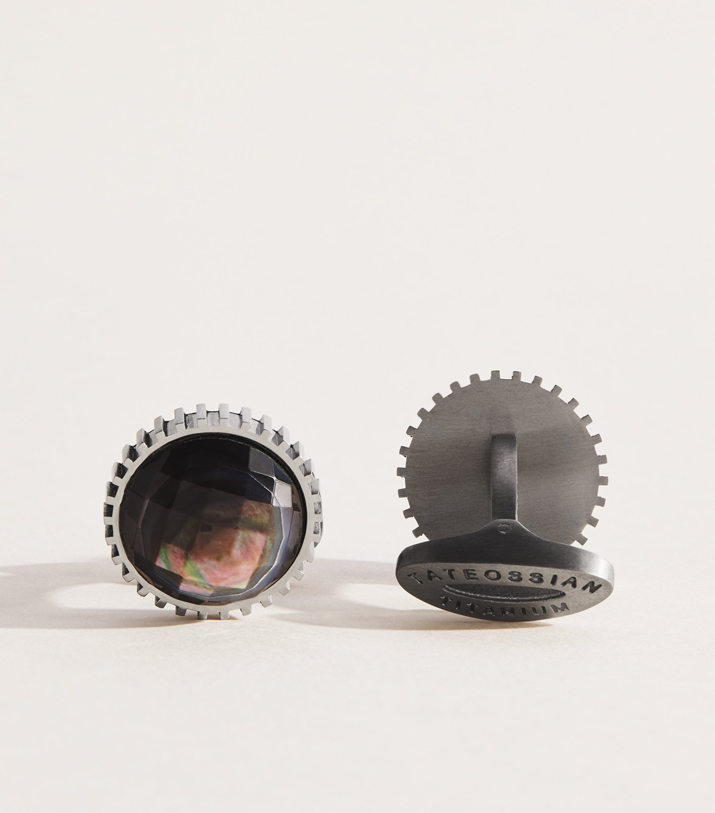 Tateossian Titanium and Mother-of-Pearl Aurora Domed Gear Cufflinks Black