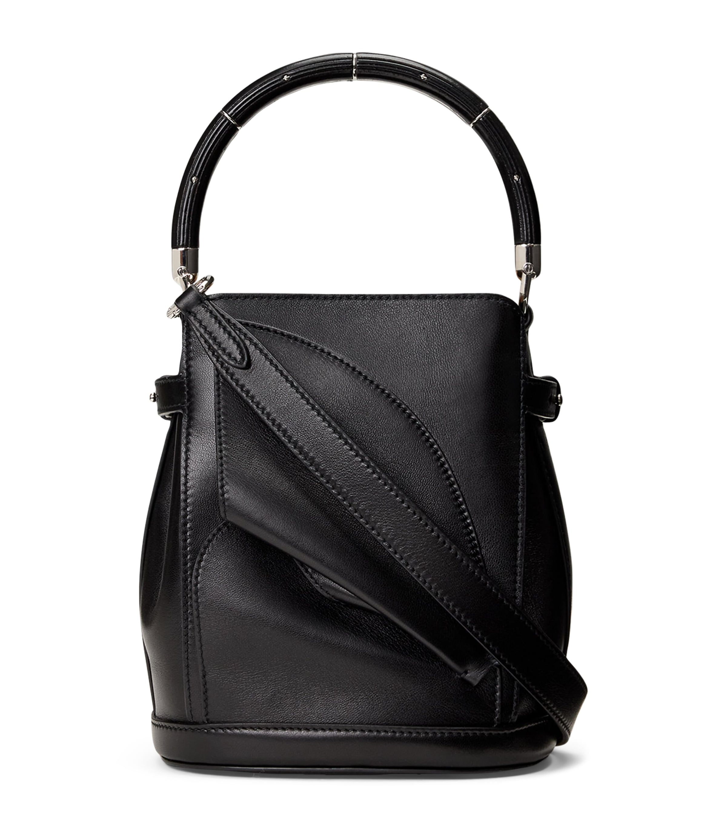 Ralph Lauren Collection Small Leather Floral Bucket Bag Black