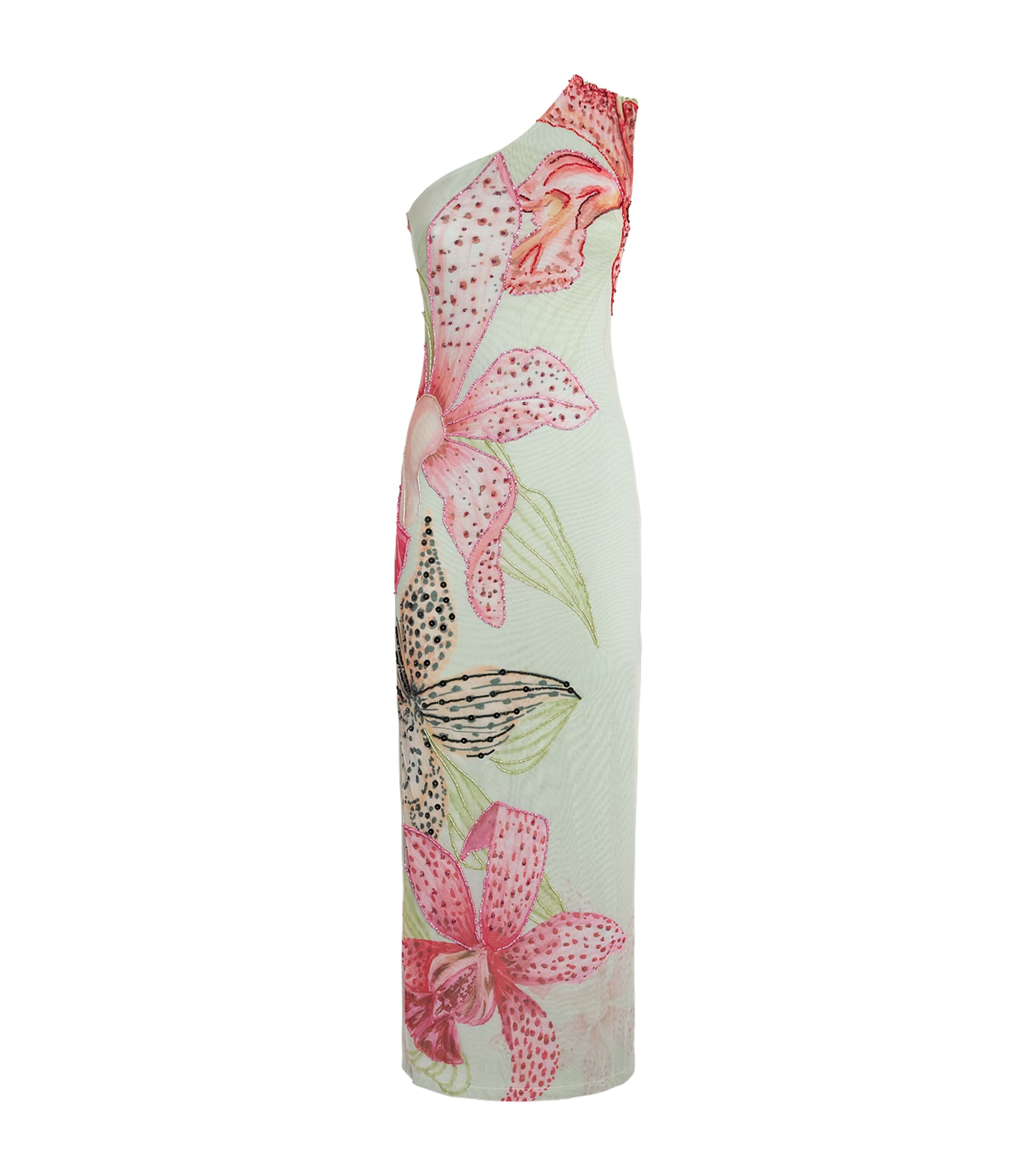 PatBO Womens Tulle Asymmetric Orchid Bloom Maxi Dress Green