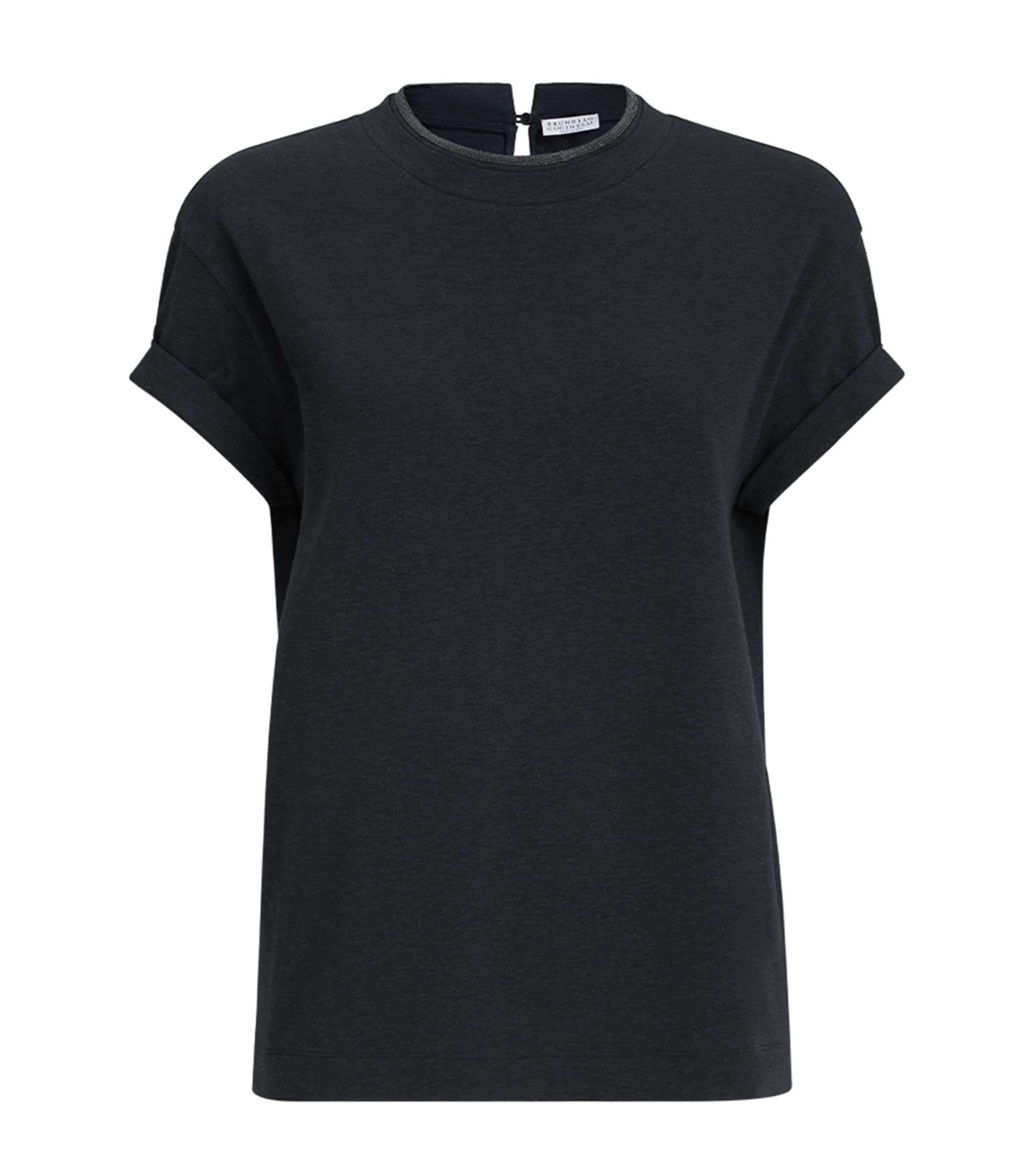 Brunello Cucinelli Womens Stretch-Cotton Monili-Detail T-Shirt Black