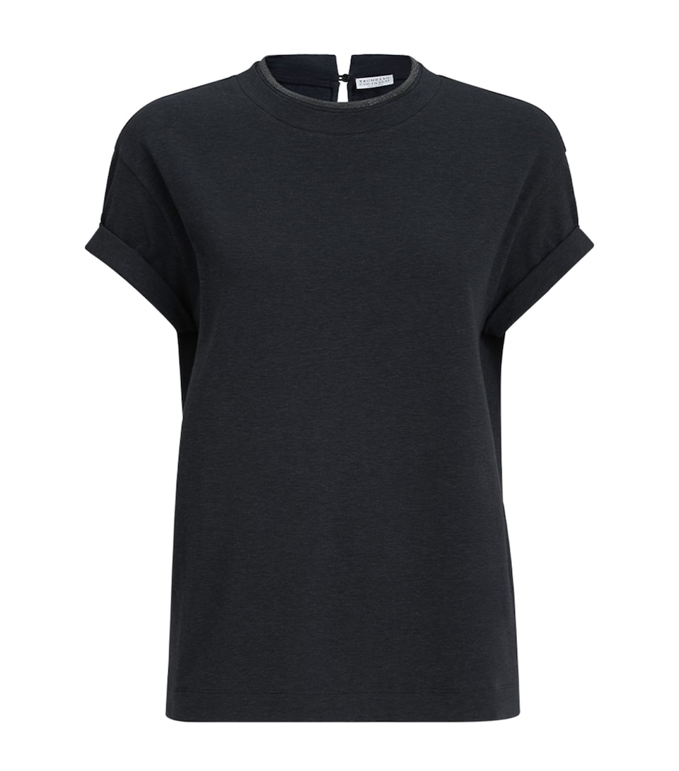 Brunello Cucinelli Womens Stretch-Cotton Monili-Detail T-Shirt Black