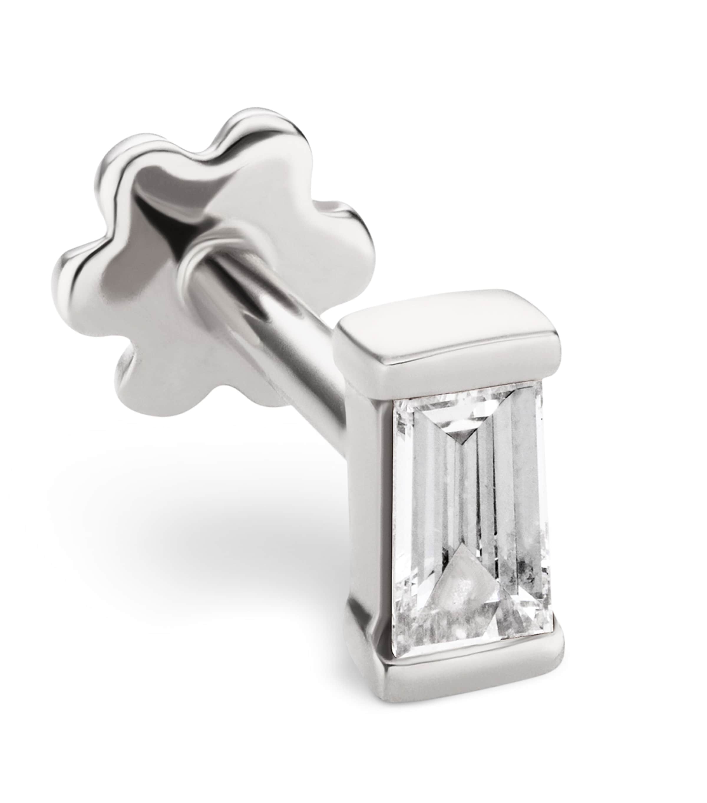 White Gold Diamond Baguette Threaded Stud Earring (4mm)