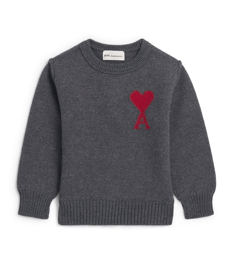 AMI Paris Wool Ami De Coeur Sweater (4-12 Years) : Gris Chine/rouge