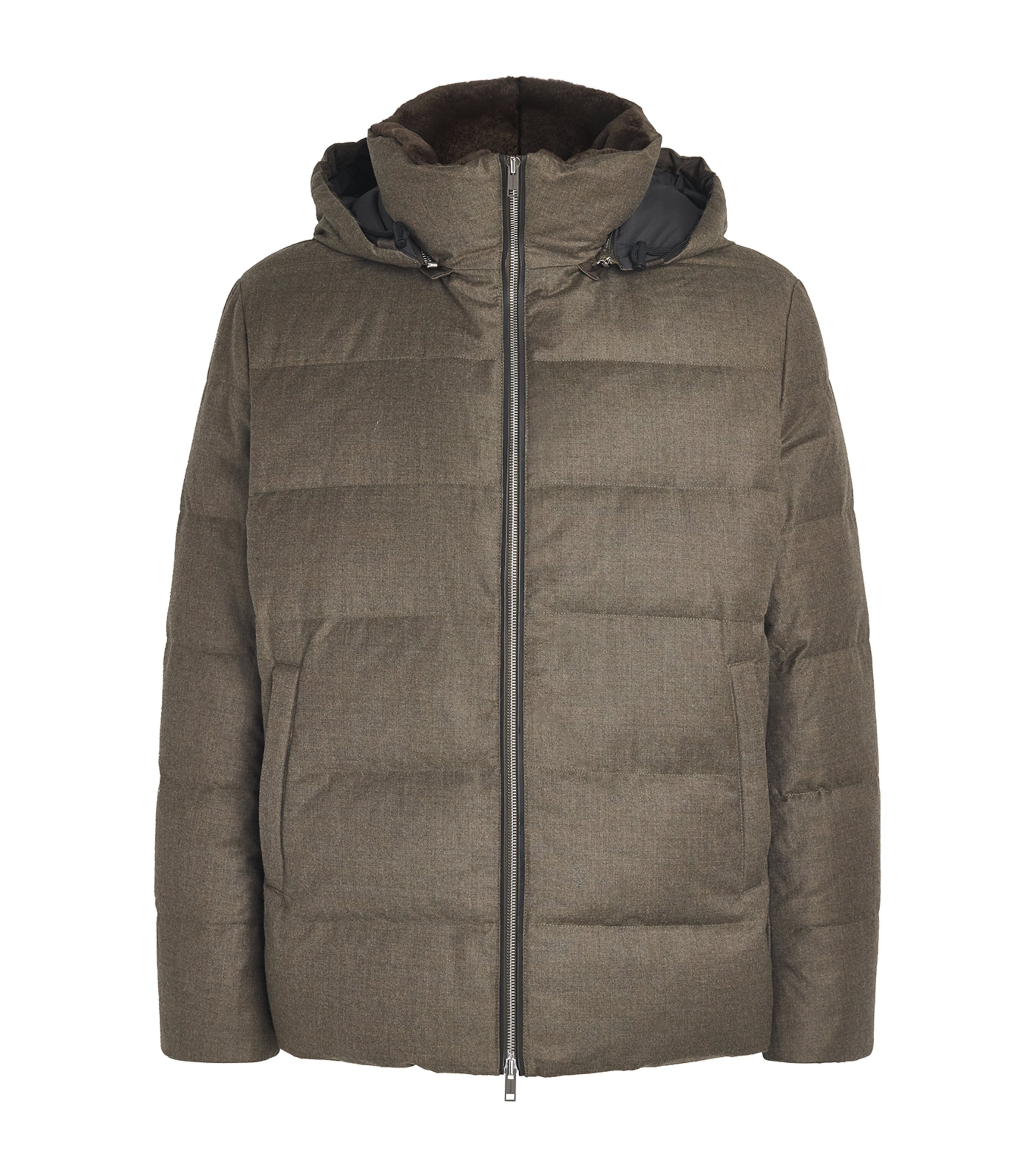 Yves Salomon Mens Down Wool-Silk Hooded Parka Earth