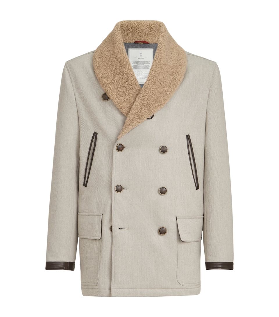 Brunello Cucinelli Mens Wool-Cashmere Shearling-Collar Jacket