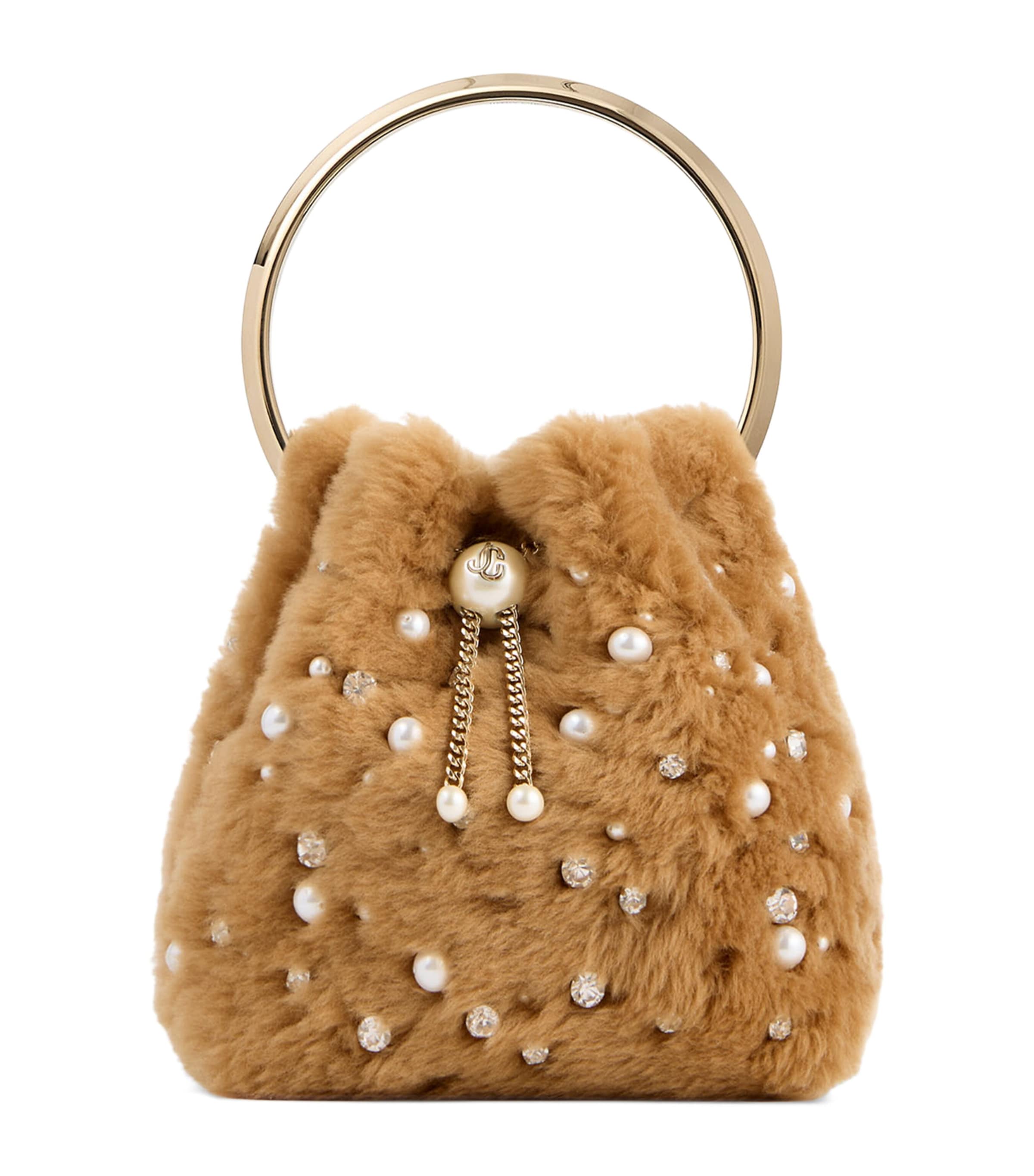 Jimmy Choo Shearling Faux-Pearl Bon Bon Top-Handle Bag Toffee/light Gold