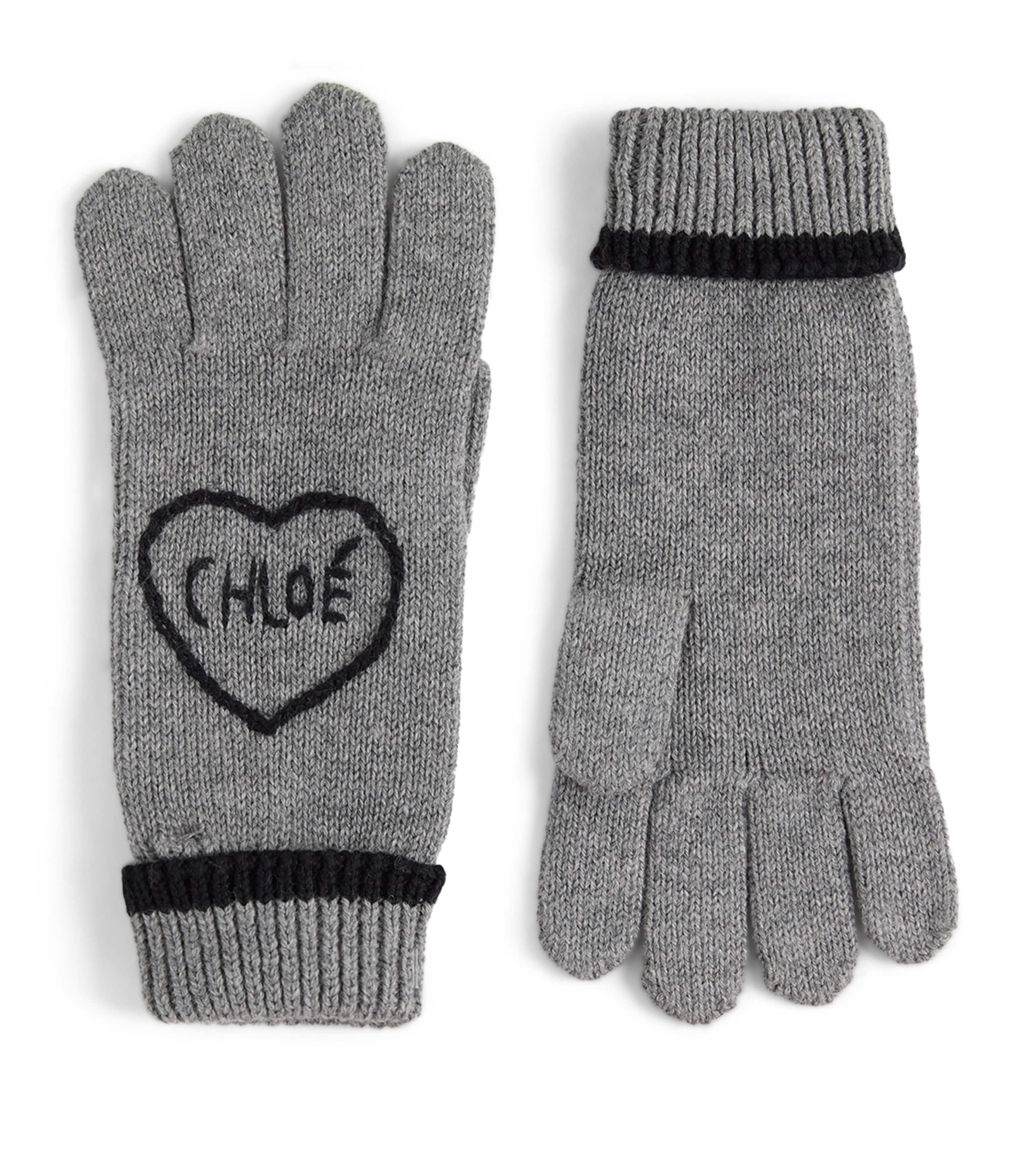 Chloé Kids Wool-Cotton Logo Gloves Heather Grey