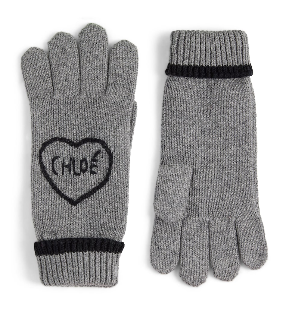 Chloé Kids Wool-Cotton Logo Gloves Heather Grey