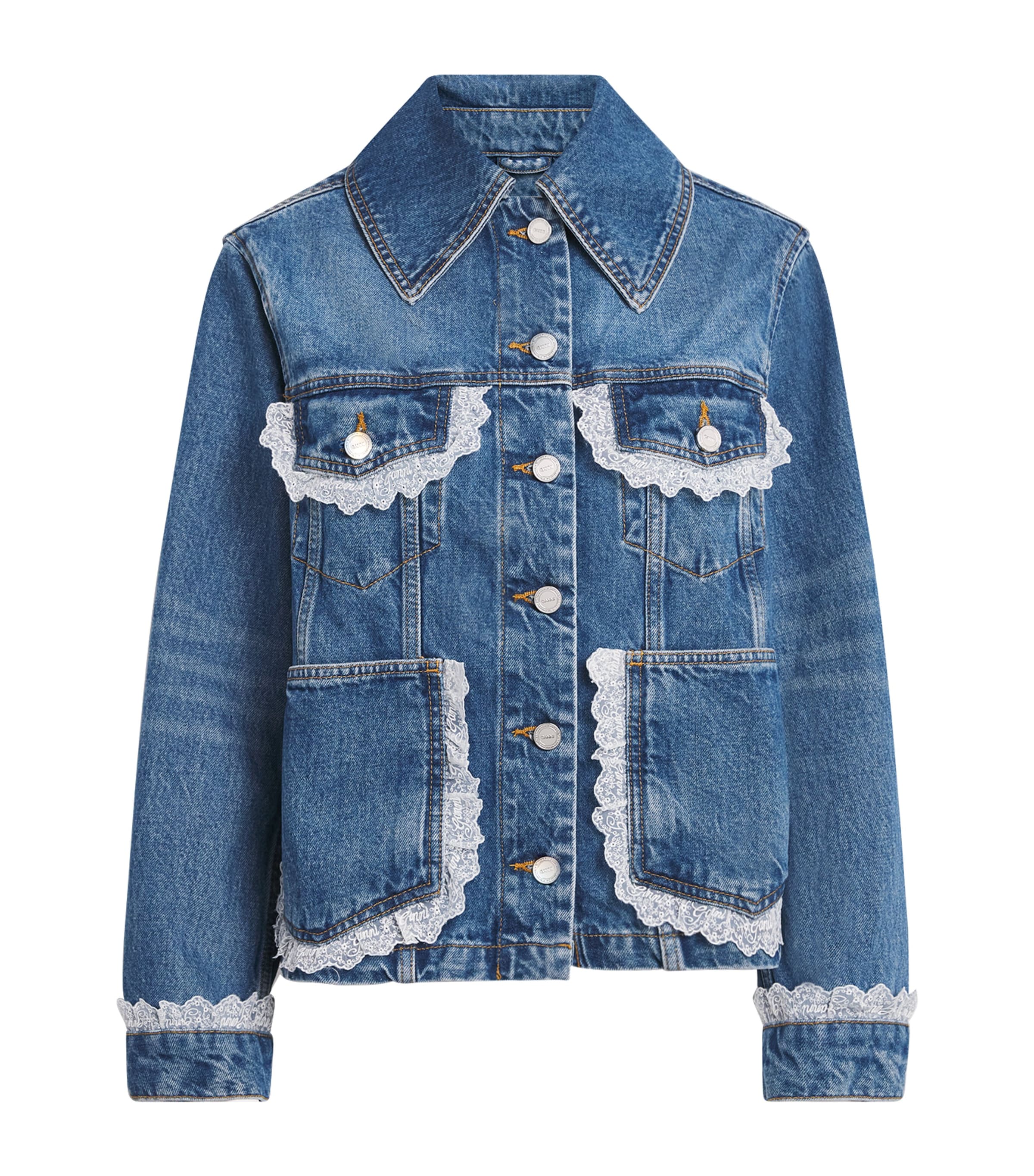 GANNI Womens Lace-Trim Denim Jacket Bl Vntg