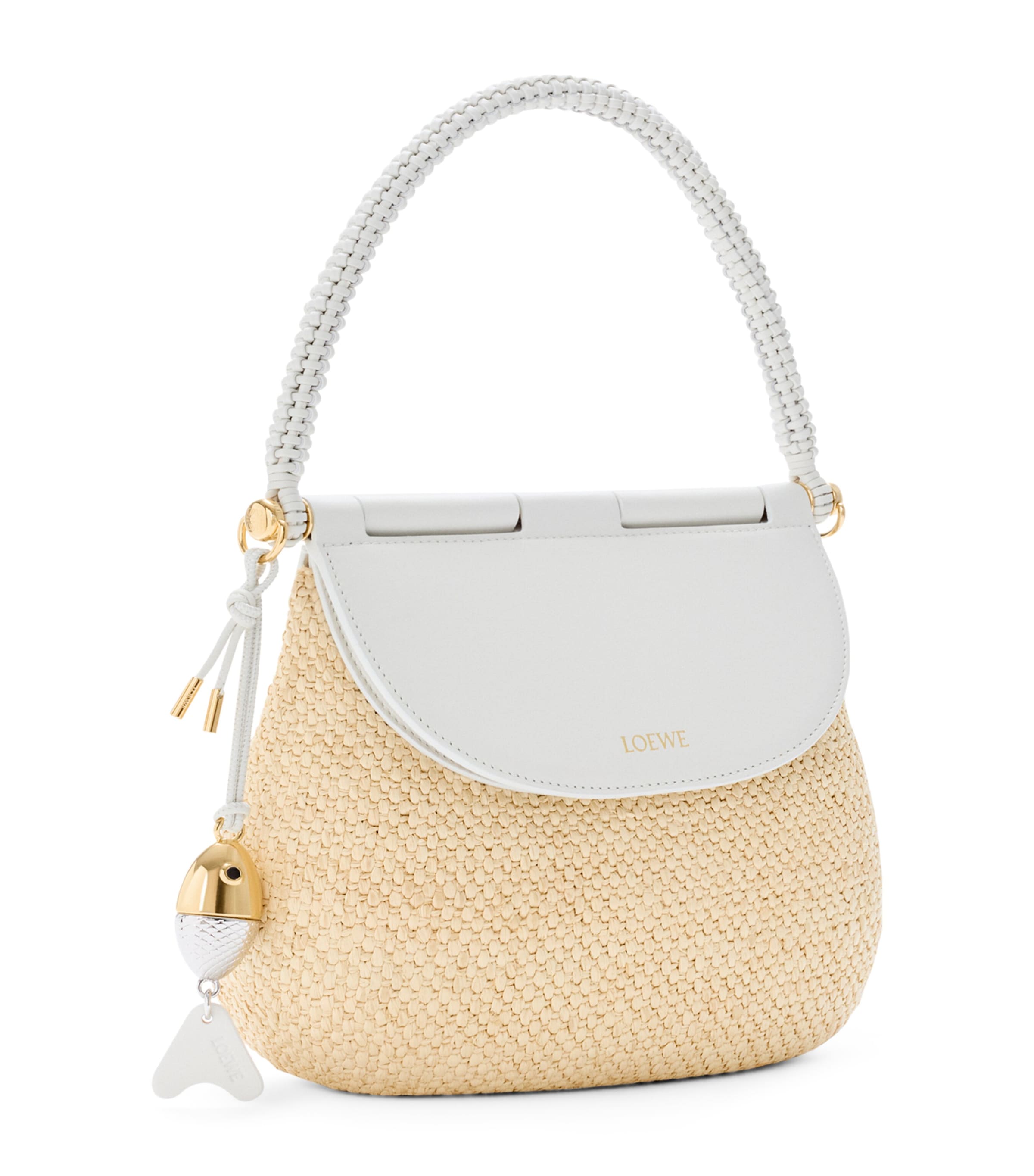 LOEWE x Paula's Ibiza Medium Raffia-Leather Pescador Top Handle Bag Natural/white
