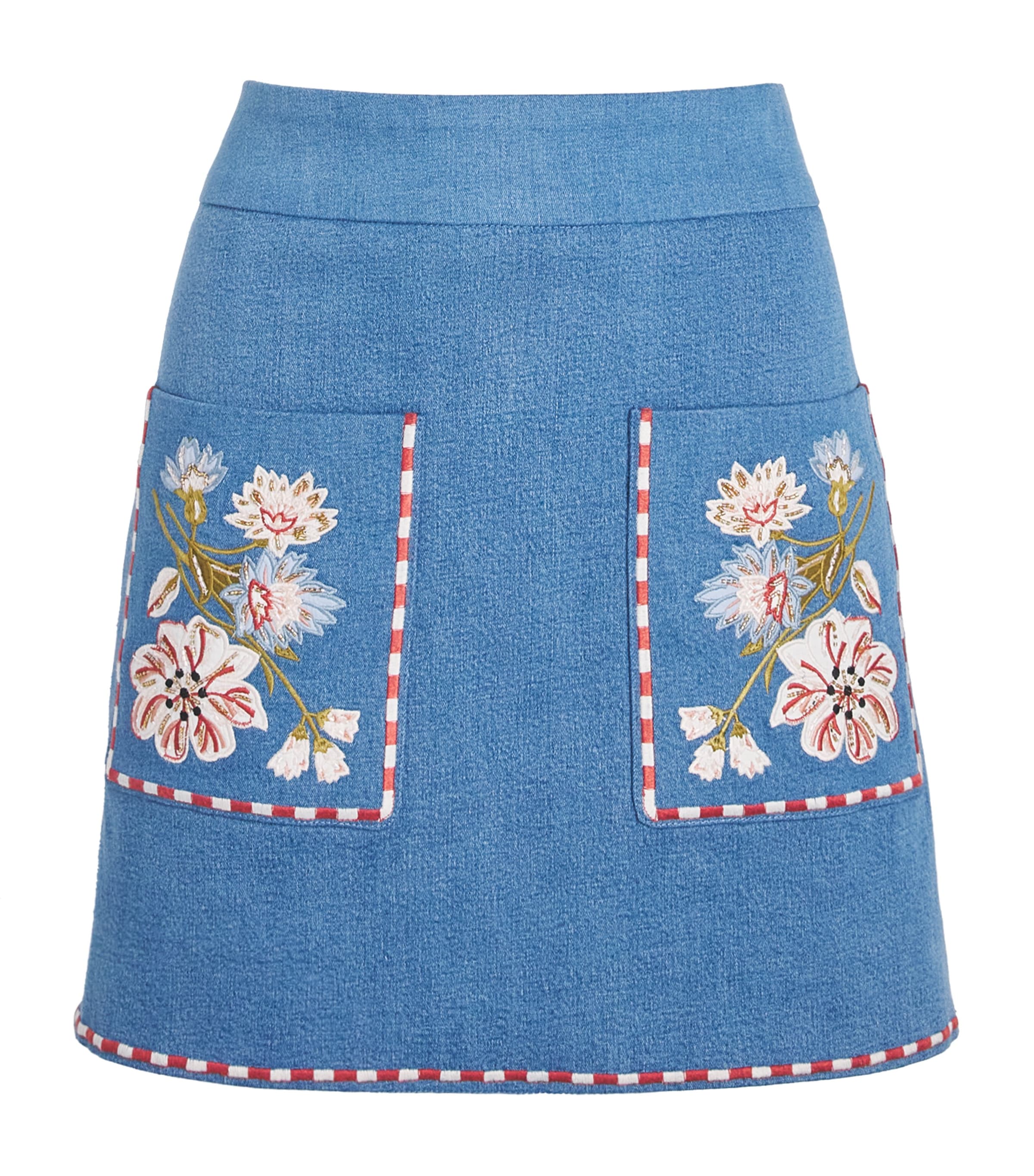 Veronica Beard Womens Denim Embroidered Mini Skirt Sea Glare