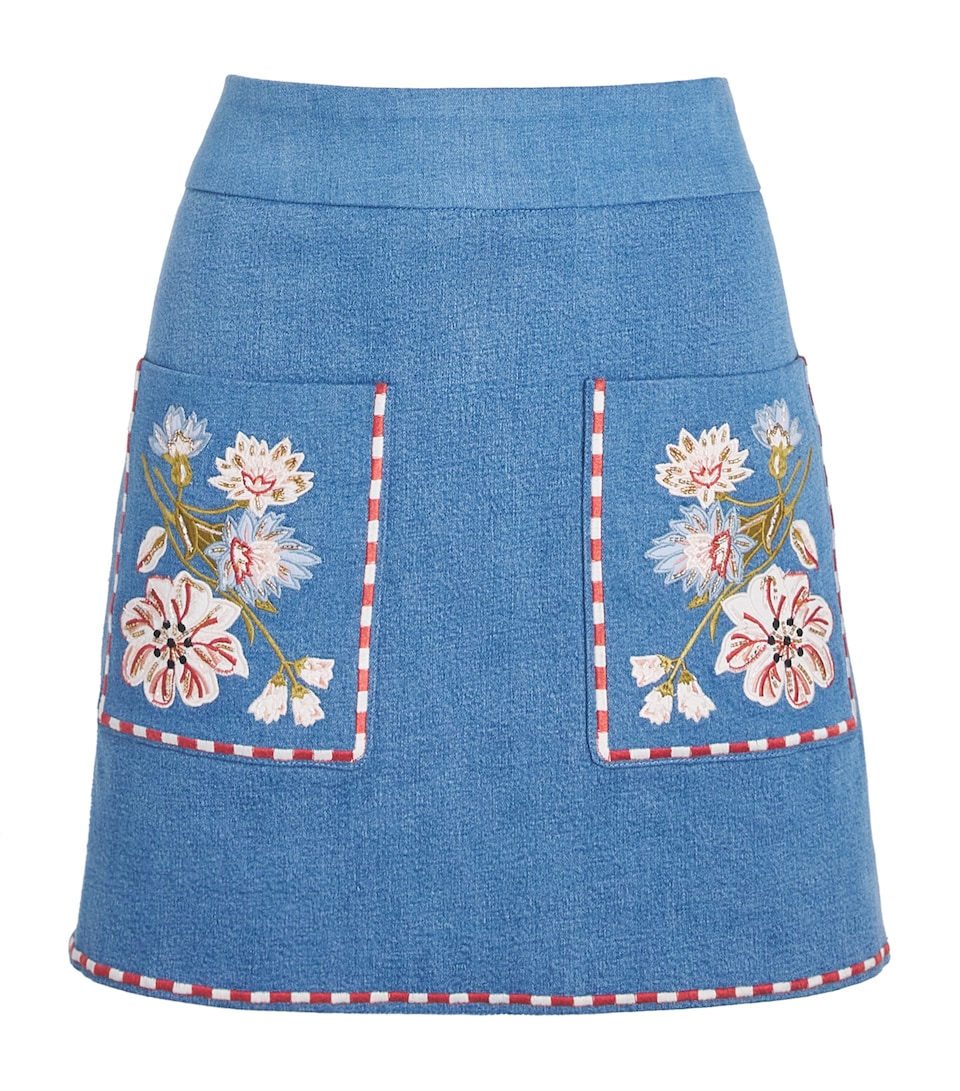 Veronica Beard Womens Denim Embroidered Mini Skirt Sea Glare