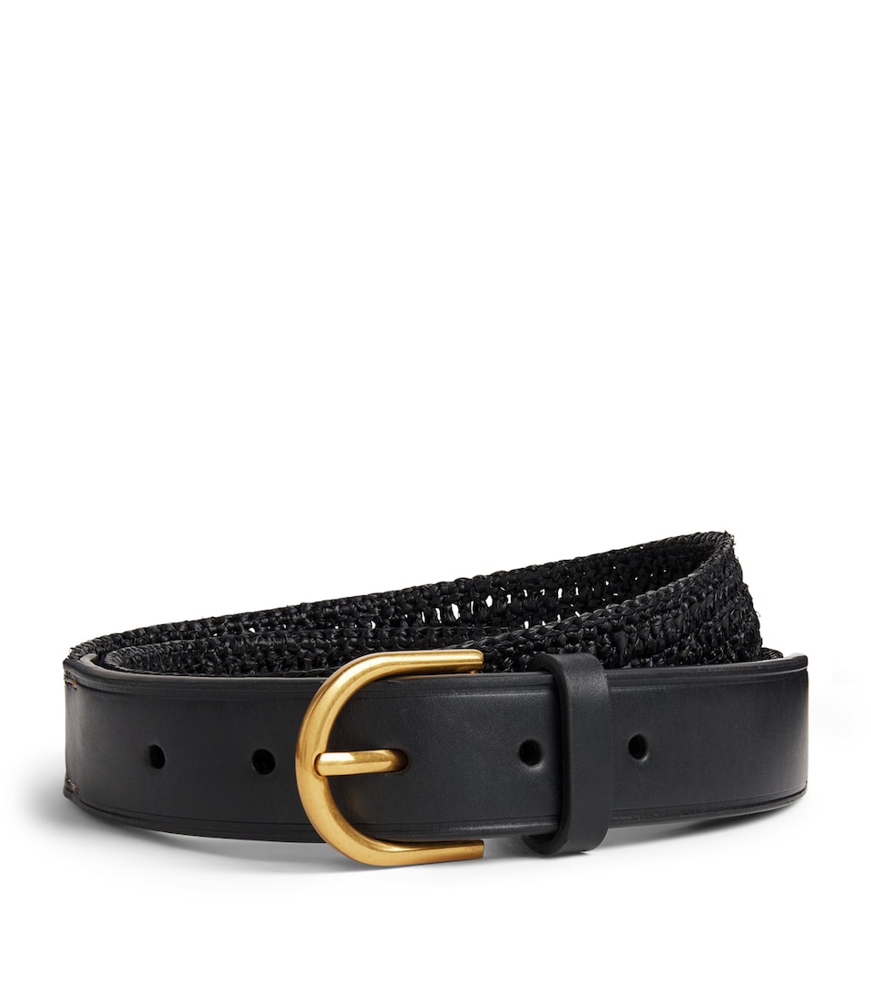ME+EM Raffia and Leather Round-Buckle Belt Black