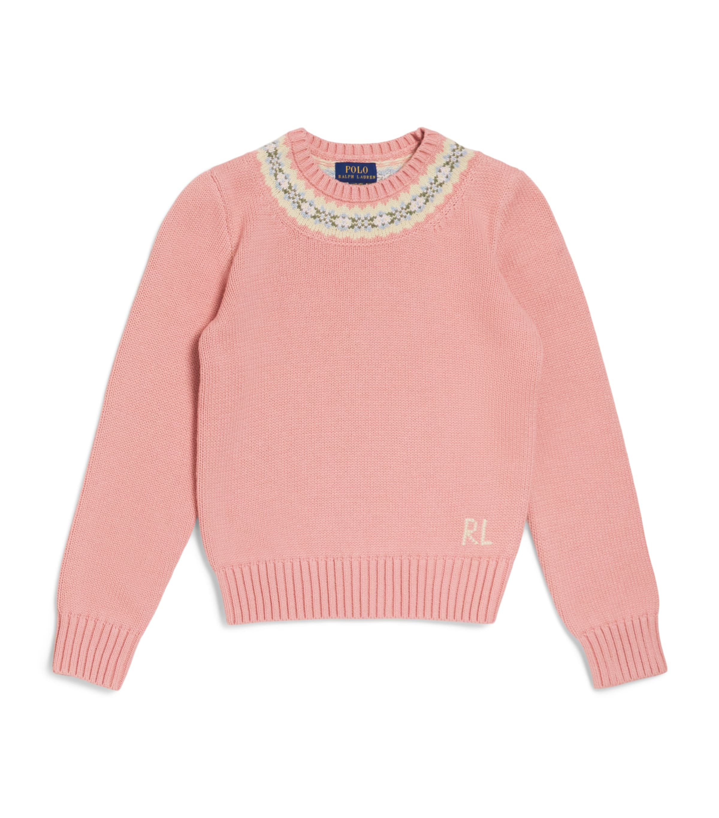 Ralph Lauren Kids Cotton Fair Isle Neckline Sweater (7-14 Years) Rose Multi