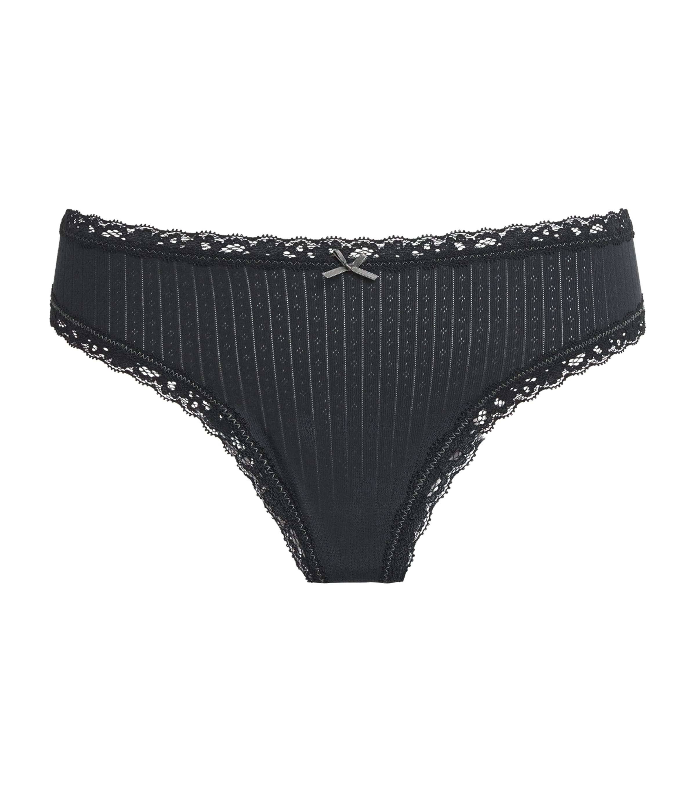 Skims Womens Pointelle Lace-Trim Thong Soot Tonal