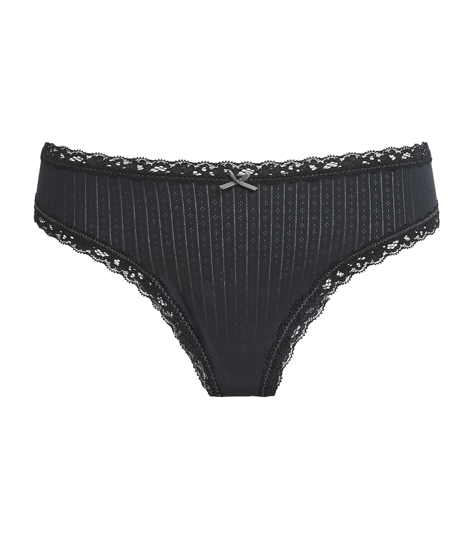 Skims Womens Pointelle Lace-Trim Thong Soot Tonal