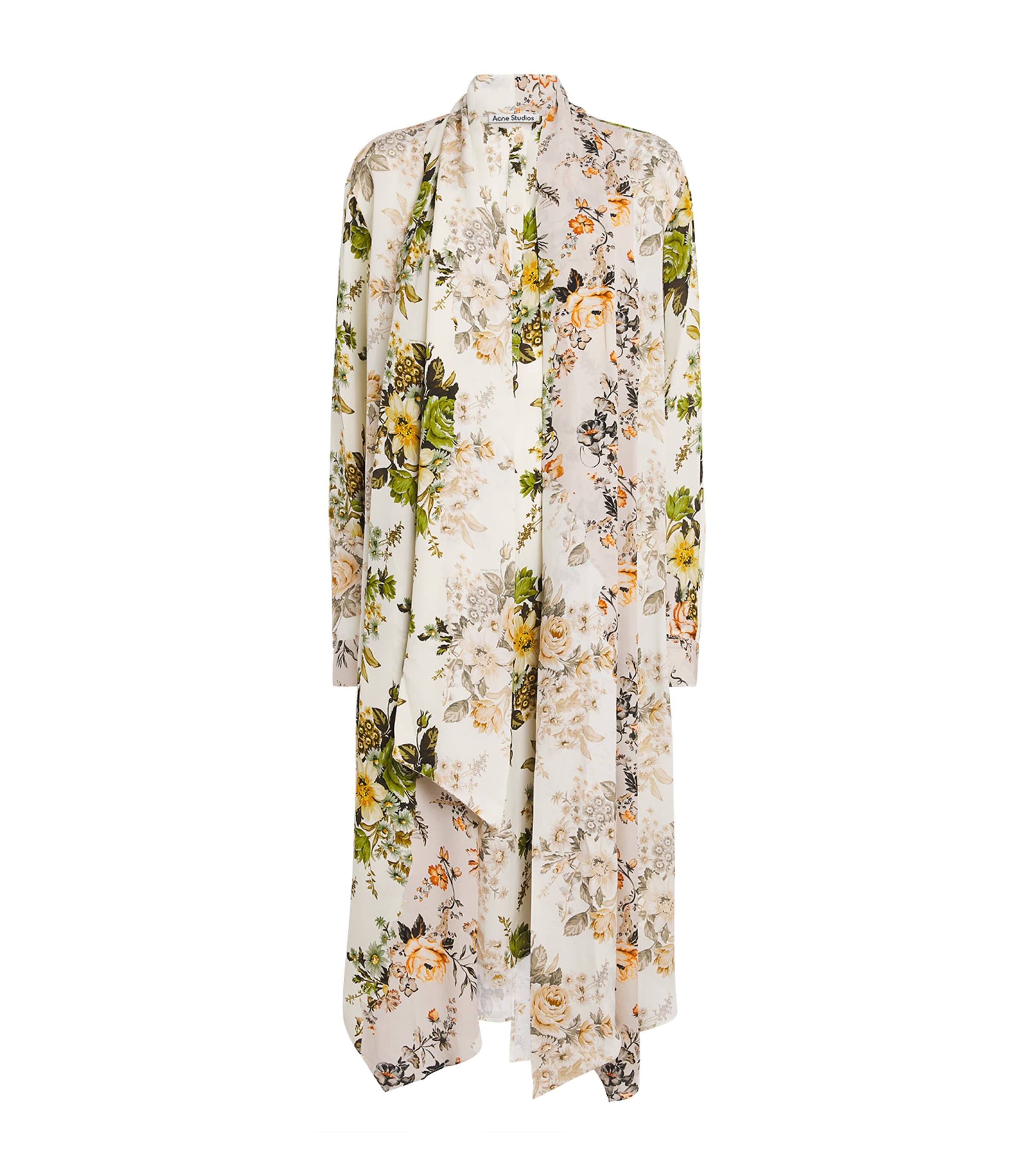Acne Studios Womens Silk Floral Tie-Neck Midi Dress Beige/white