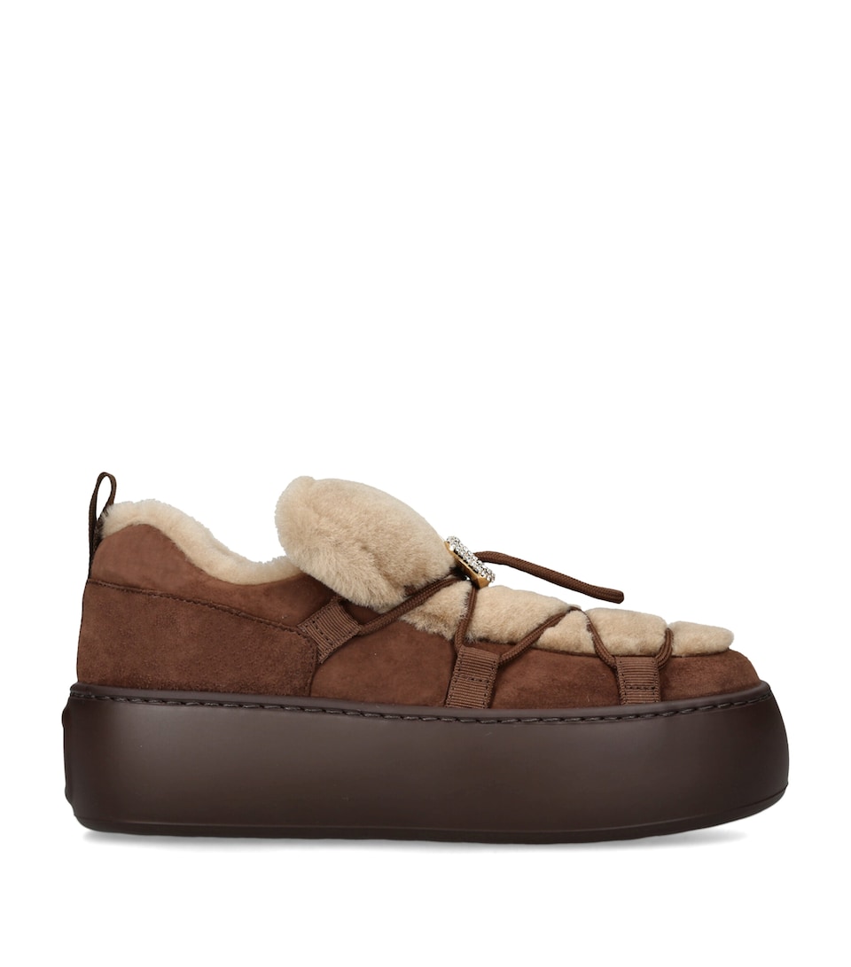 Roger Vivier Suede-Shearling Viv' Up Sneakers Brown