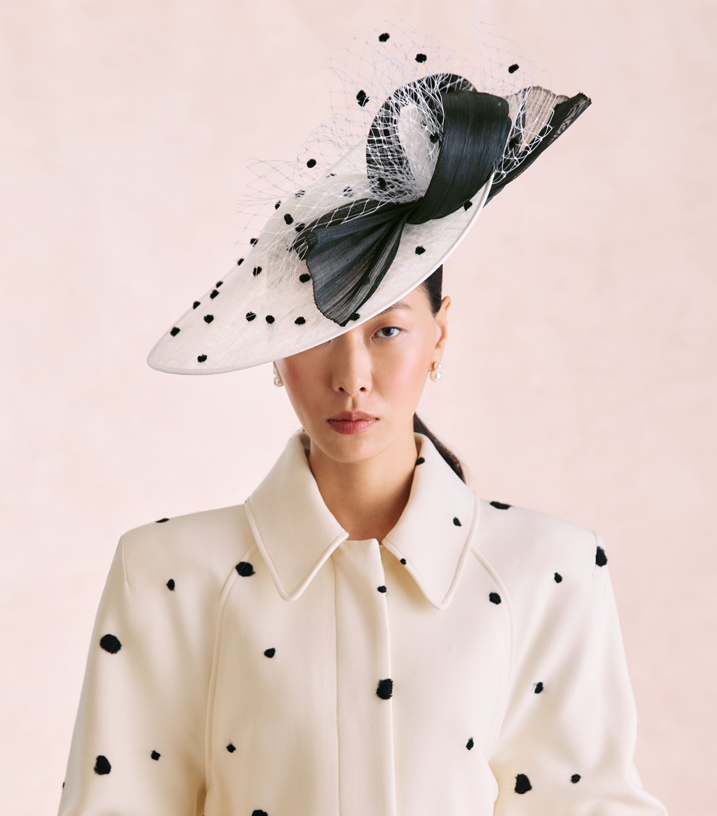 Vivien Sheriff Polka-Dot Jockey Percher Hat Ivory/black