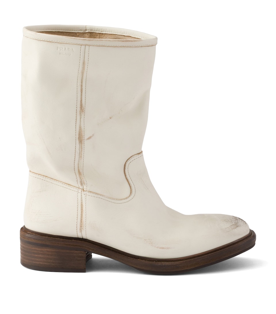 Prada Leather Vintage-Effect Mid-Calf Boots 30 Neutral