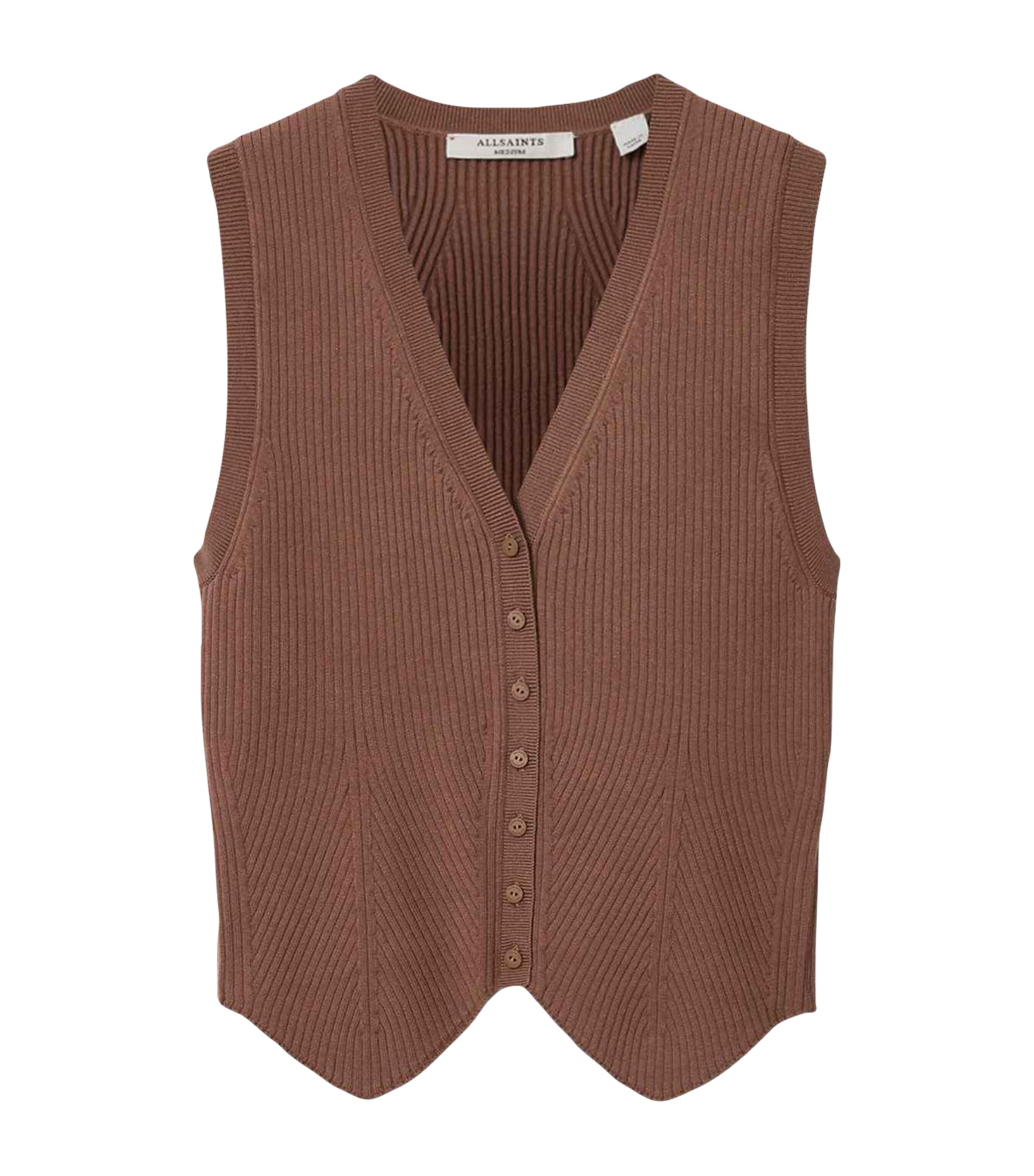 AllSaints Womens Cruz Rib Knit Waistcoat Penny Brown