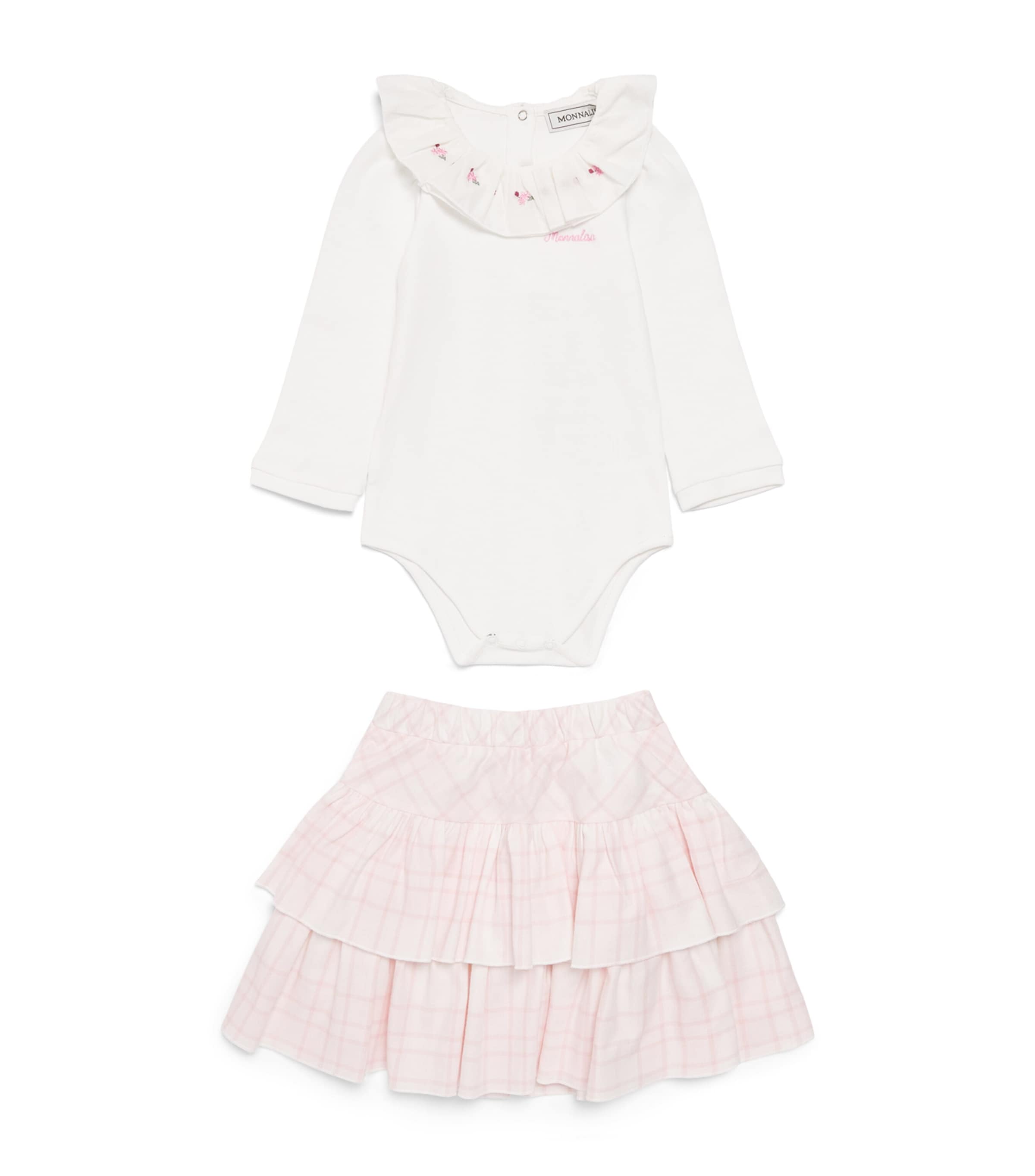 Monnalisa Bodysuit and Tartan Skirt Set (3-18 Months) Panna+rosa Antico