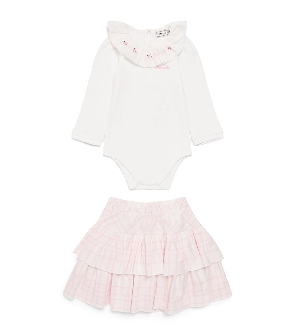 Monnalisa Bodysuit and Tartan Skirt Set (3-18 Months) Panna+rosa Antico