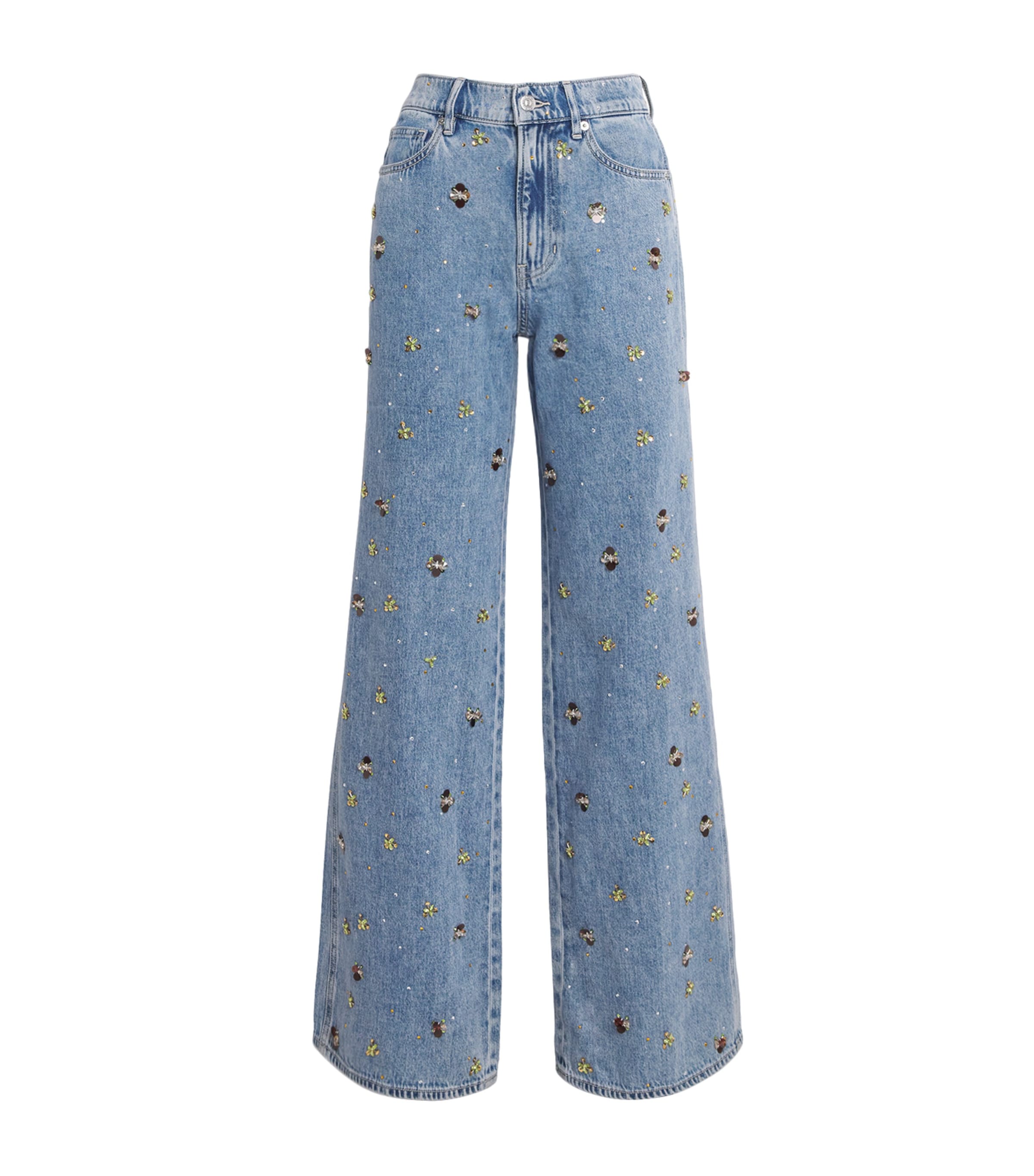 Embellished Kasey Mid-Rise Wide-Leg Jeans