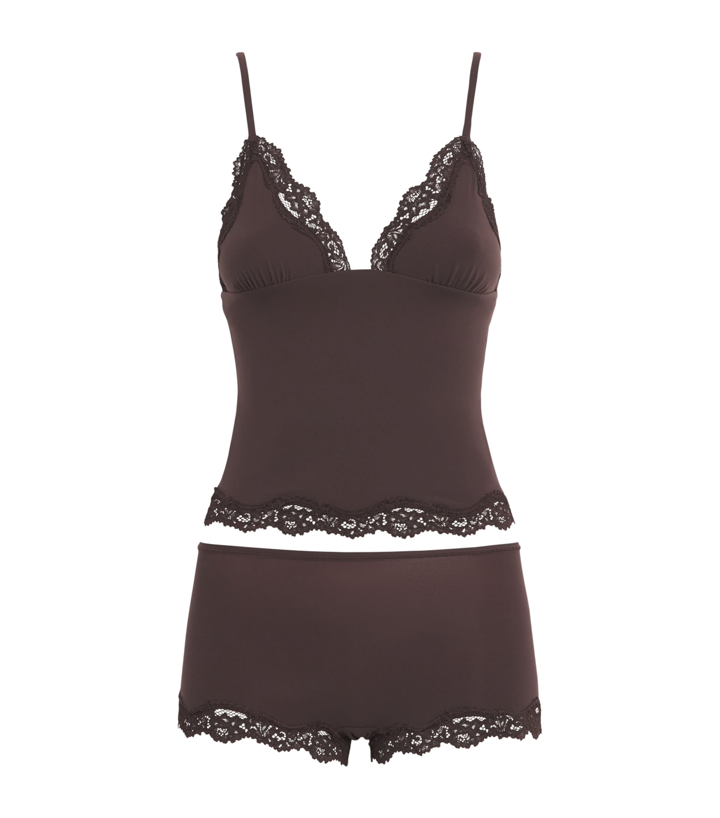 Skims Womens Lace-Trim Fits Everybody Cami Top and Shorts Set Espresso