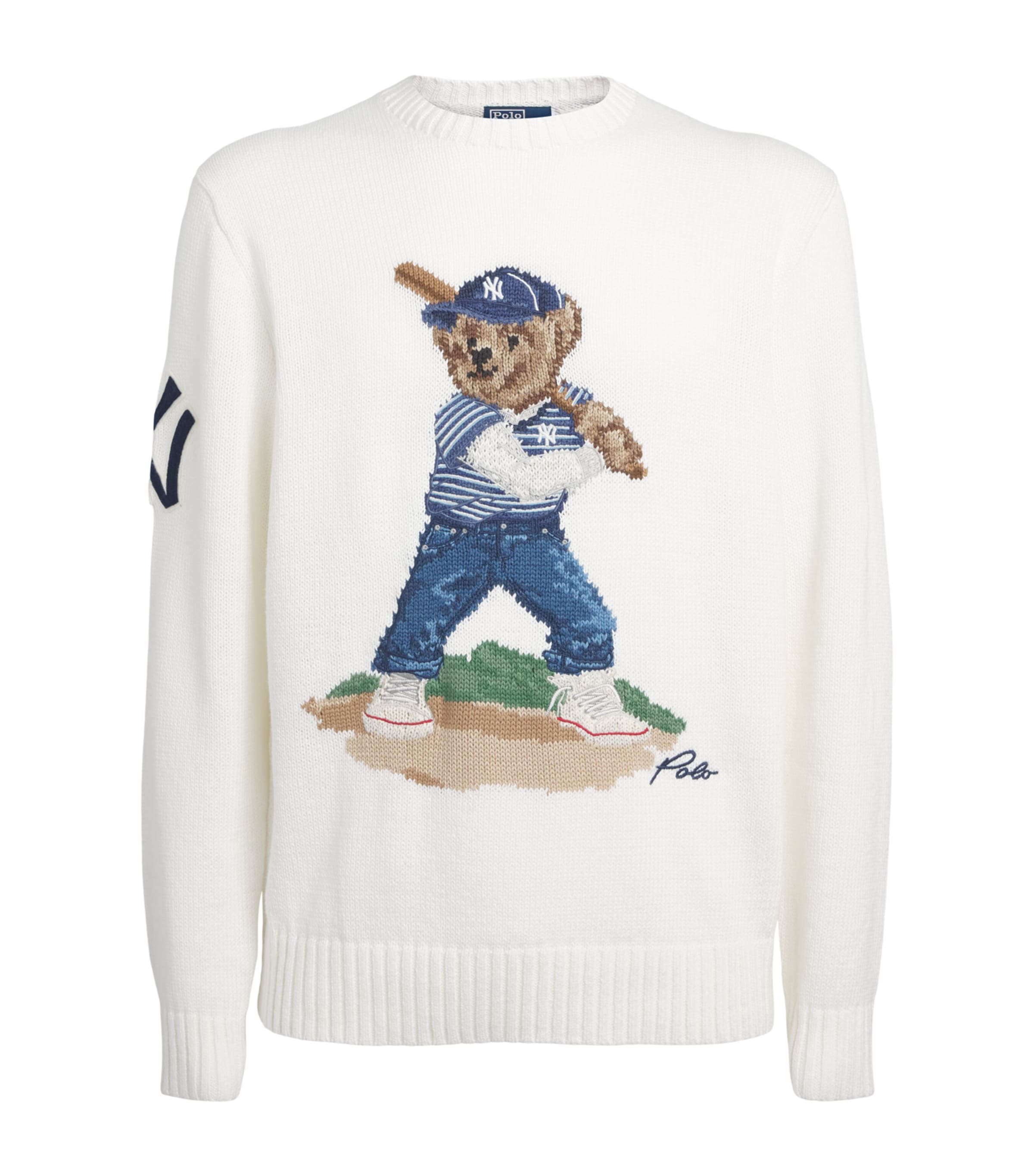 Polo Ralph Lauren Mens Linen-Cotton Polo Bear Sweater Deckwash White Combo