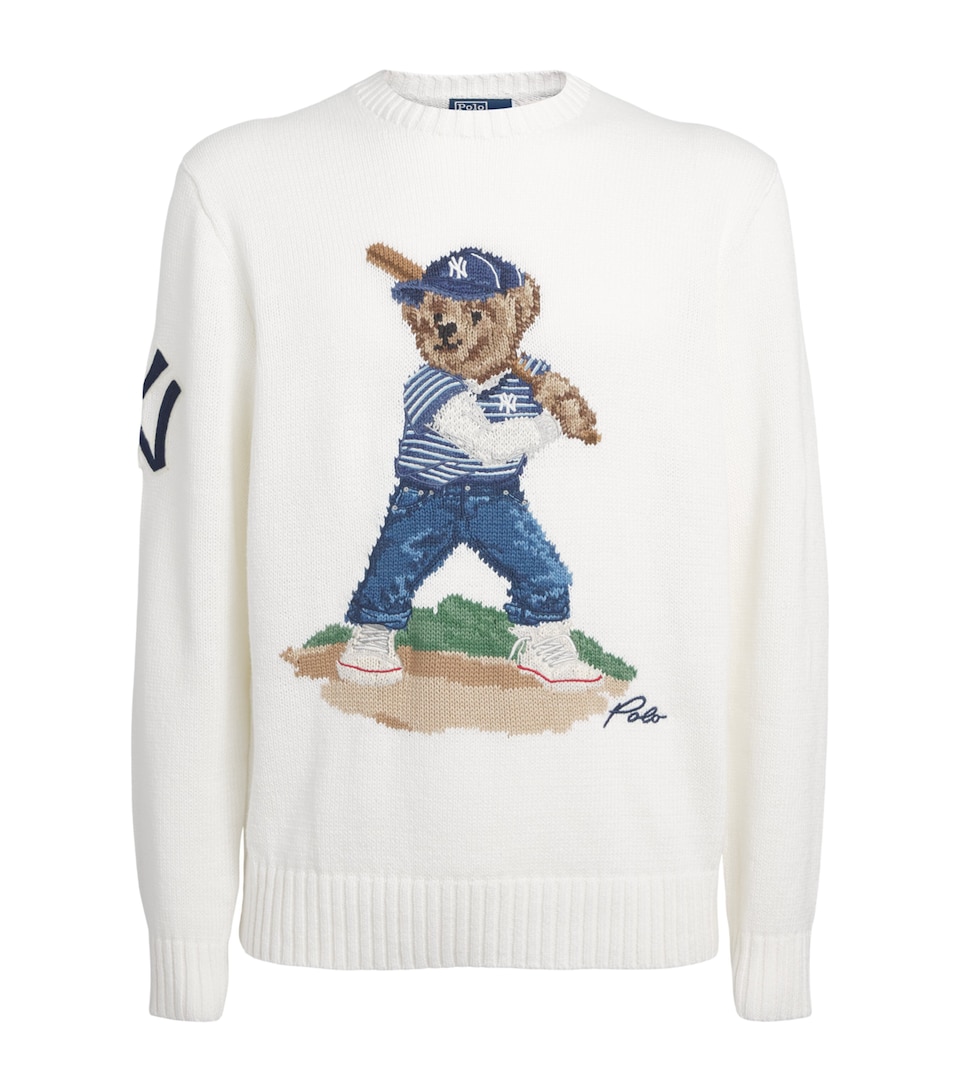 Polo Ralph Lauren Mens Linen-Cotton Polo Bear Sweater Deckwash White Combo