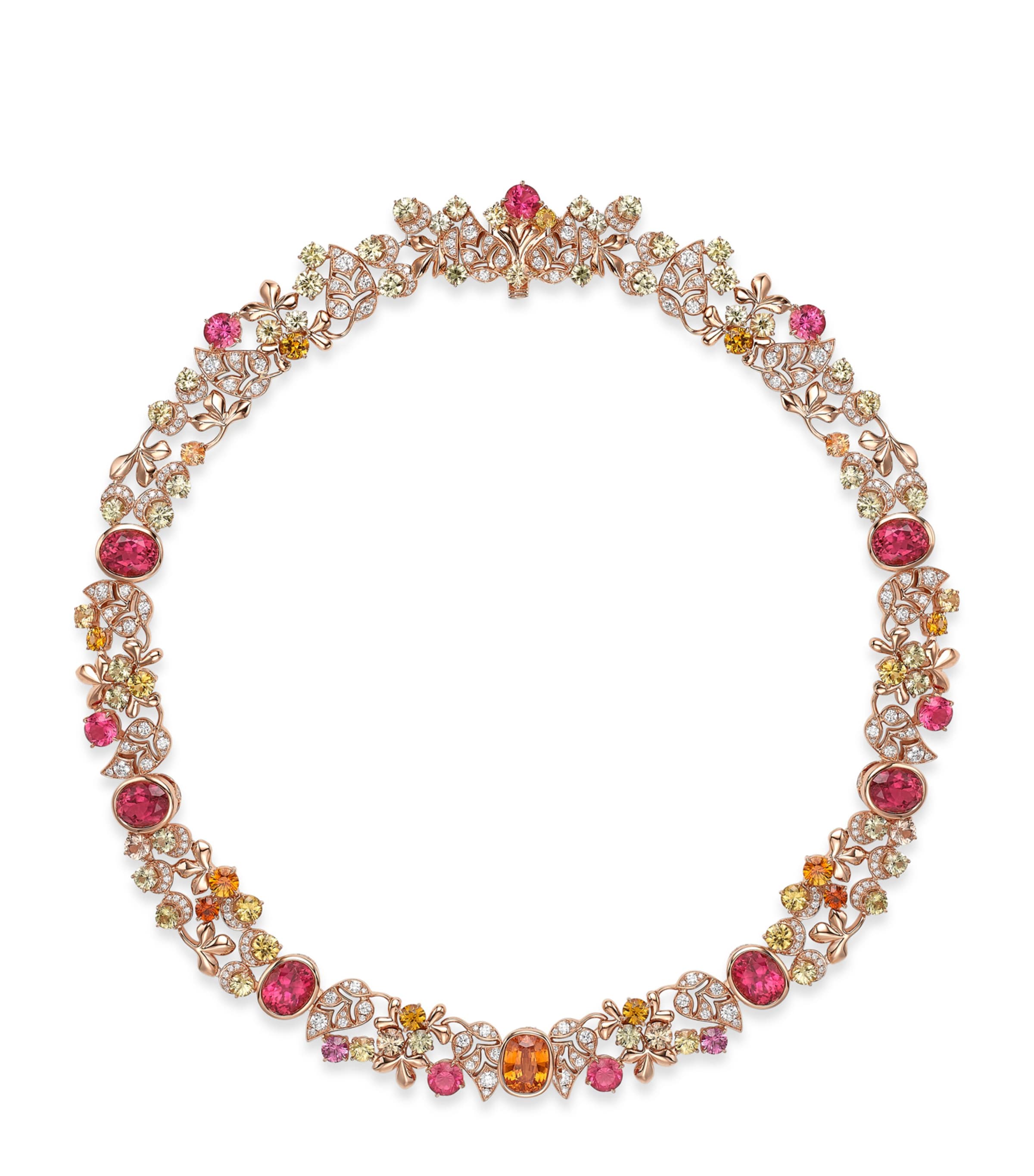 Boodles Rose Gold, Diamond, Tourmaline, Sapphire and Garnet Silk Mantua Palace Necklace Pink