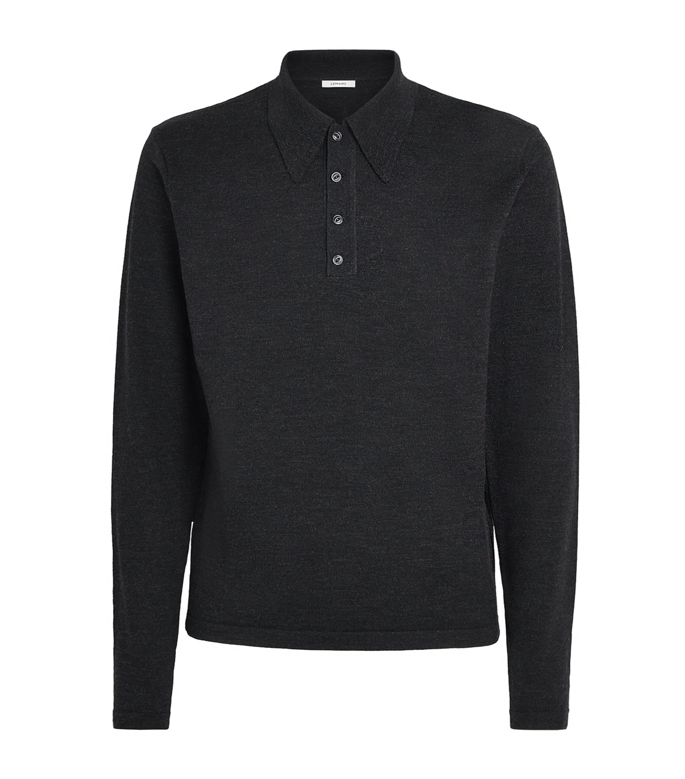 Lemaire Mens Merino Wool Long-Sleeve Polo Shirt Carbon
