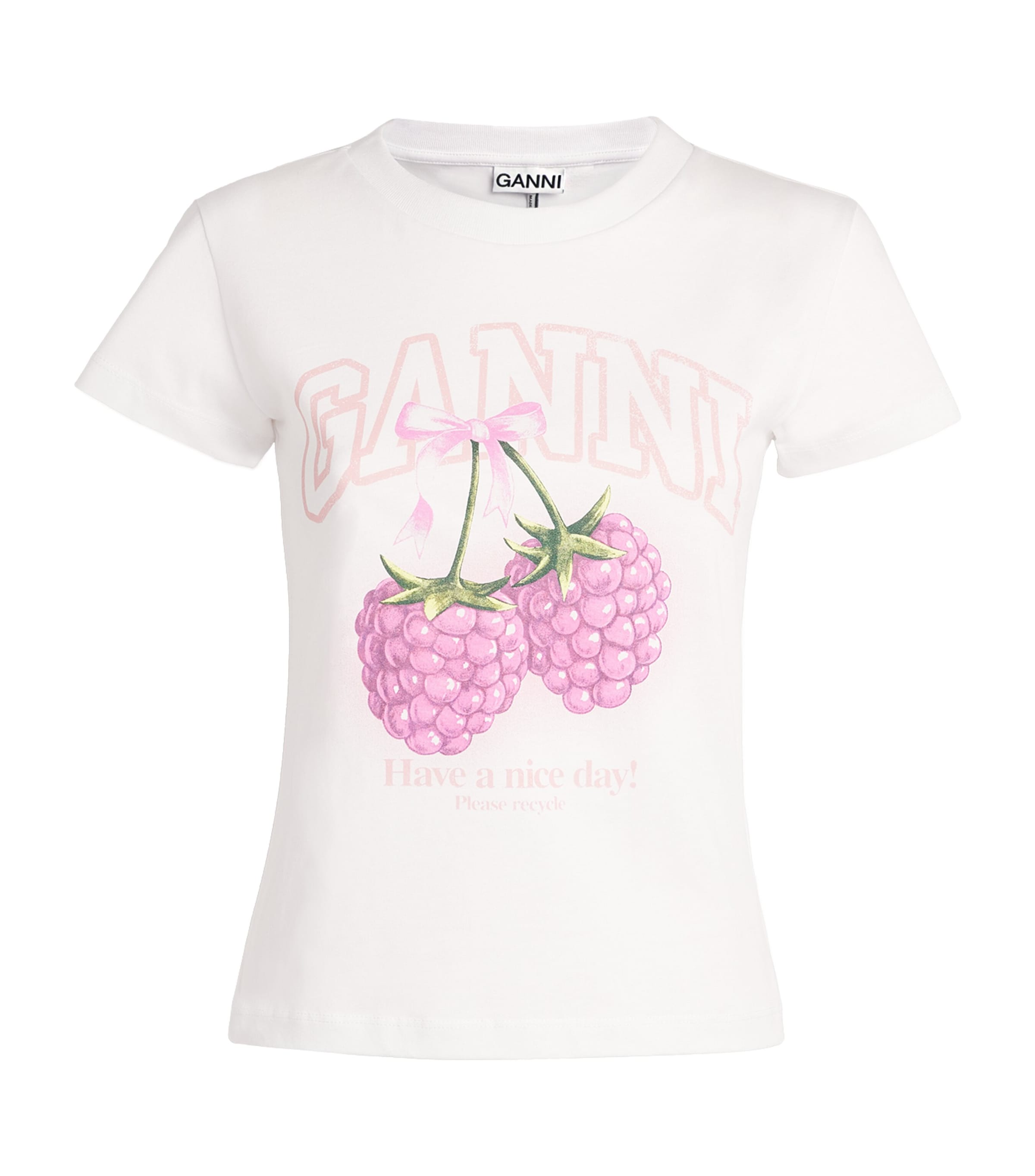 GANNI Womens Organic Cotton Raspberry T-Shirt Bright White
