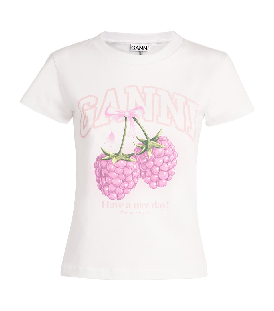 GANNI Womens Organic Cotton Raspberry T-Shirt Bright White