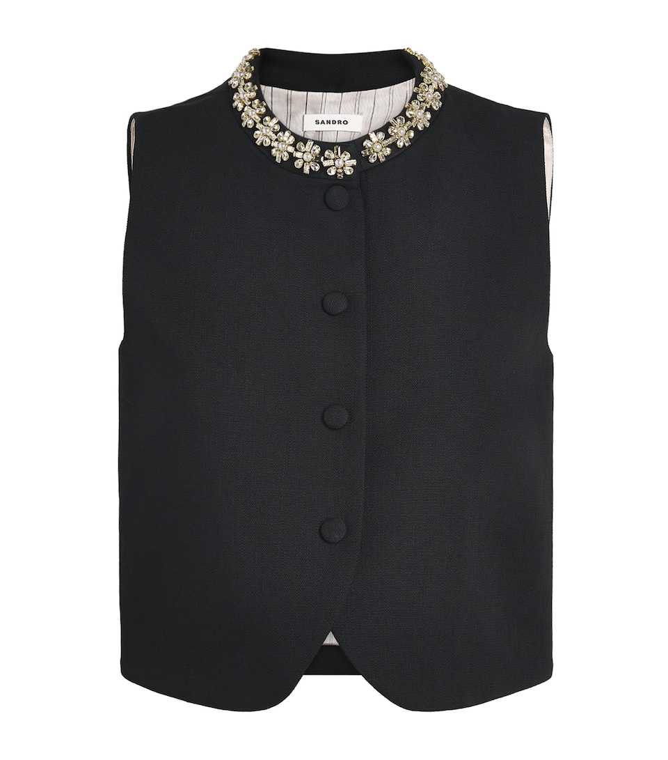 Sandro Paris Womens Wool Crystal-Embellished Waistcoat Black