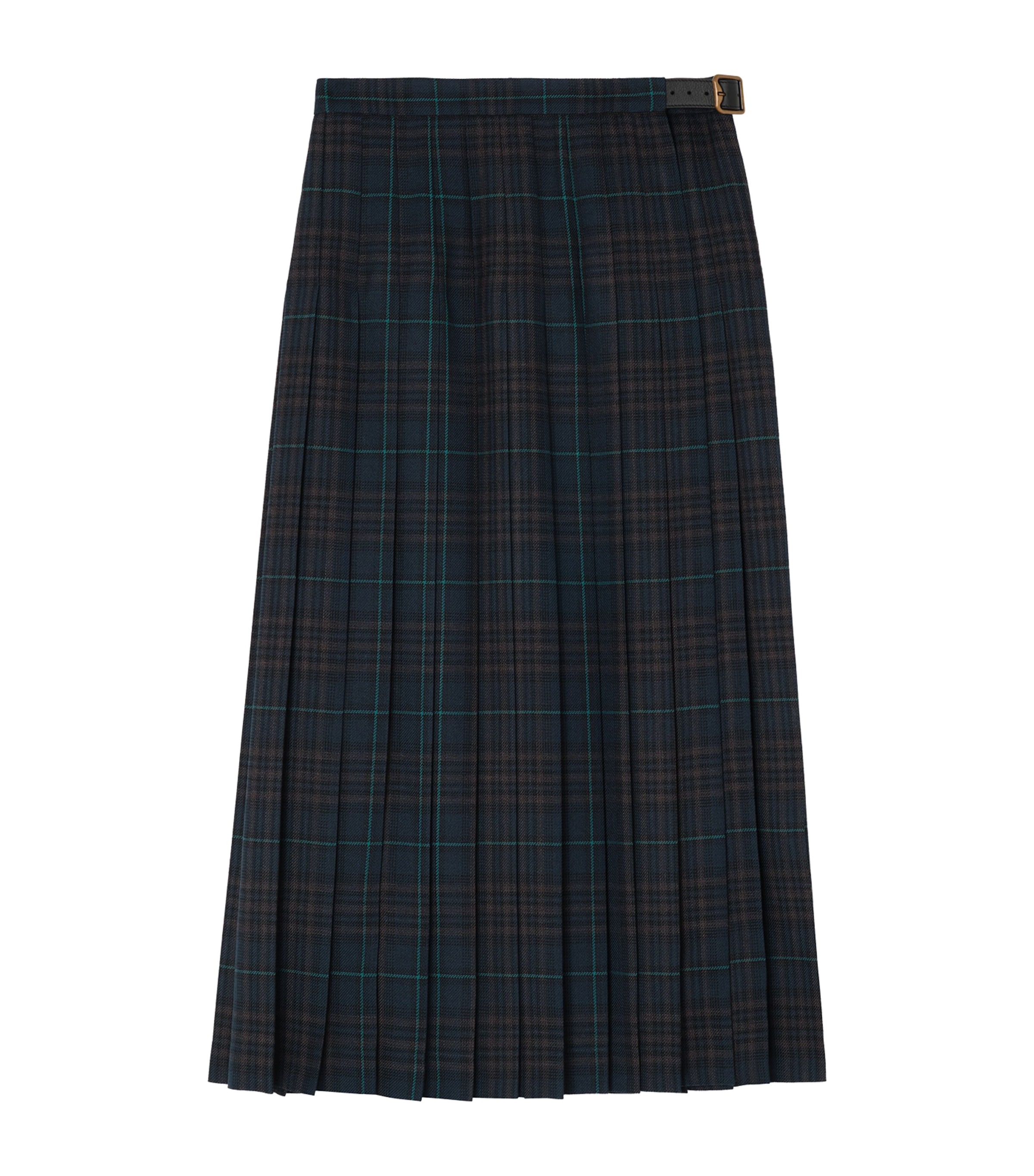 Burberry Womens Check Pleated Midi Skirt Dark Clay Blue Check