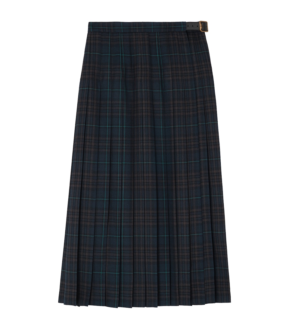 Burberry Womens Check Pleated Midi Skirt Dark Clay Blue Check