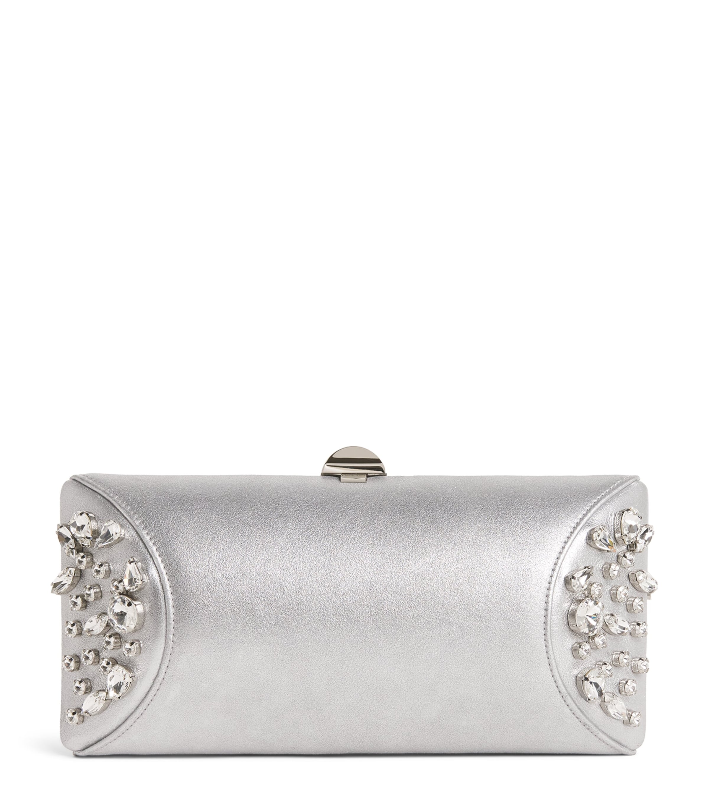 Rodo Metallic Leather Embellished Tube Clutch Bag Silver