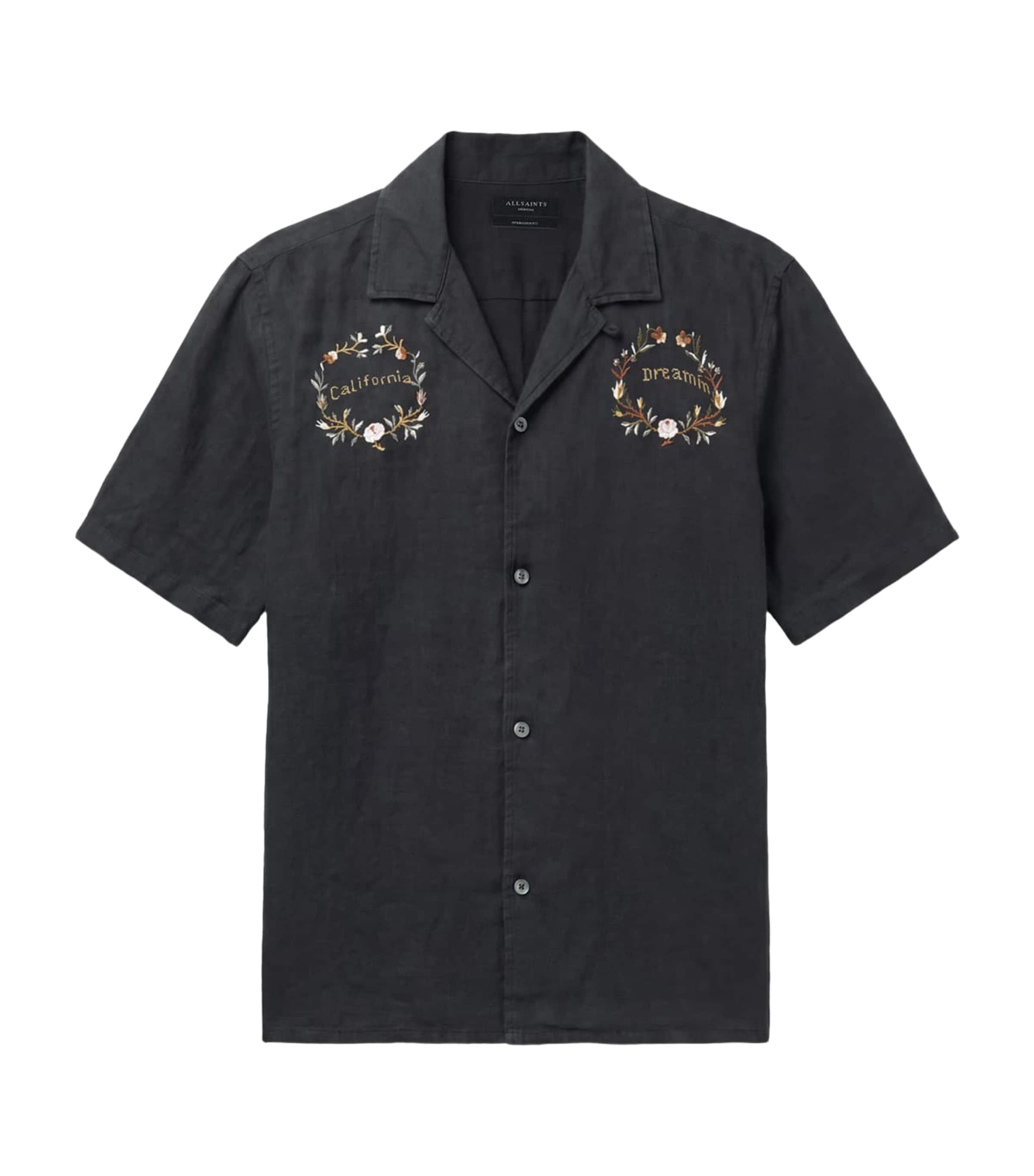 AllSaints Mens Linen Klavicle Bowling Shirt Jet Black