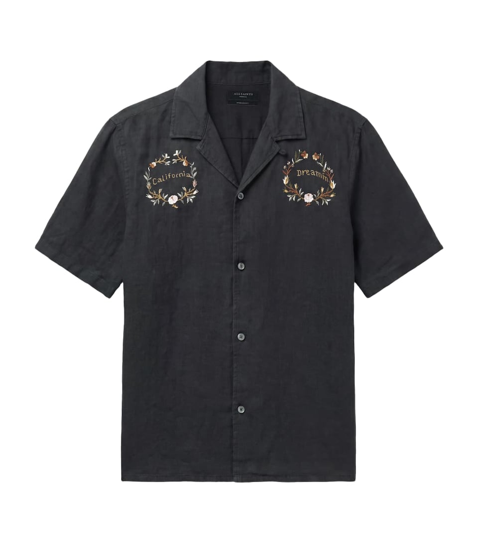AllSaints Mens Linen Klavicle Bowling Shirt Jet Black